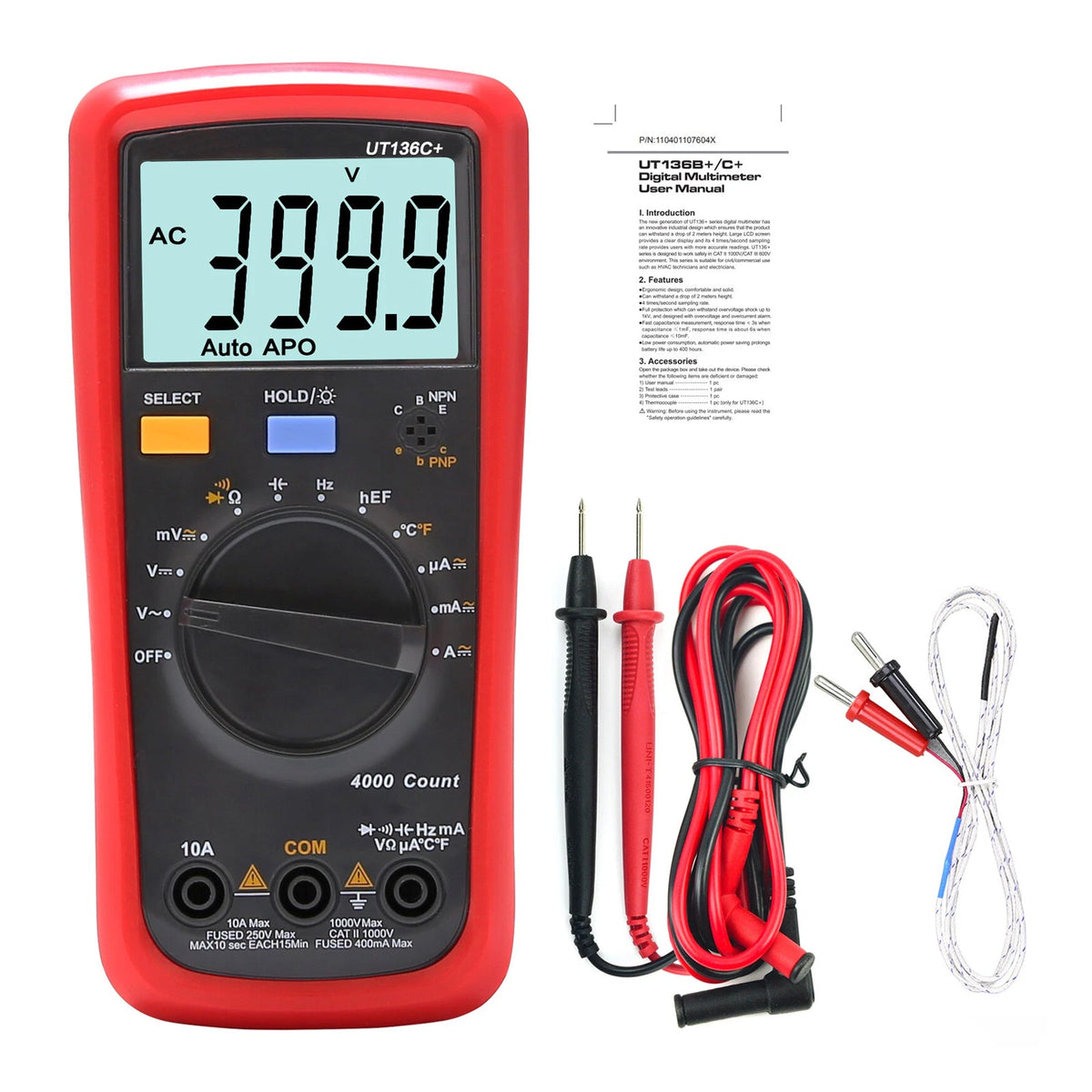 UT136C+ digitale multimeter: AC/DC-multimetertester, voltmeter, ampèremeter, ohmmeter