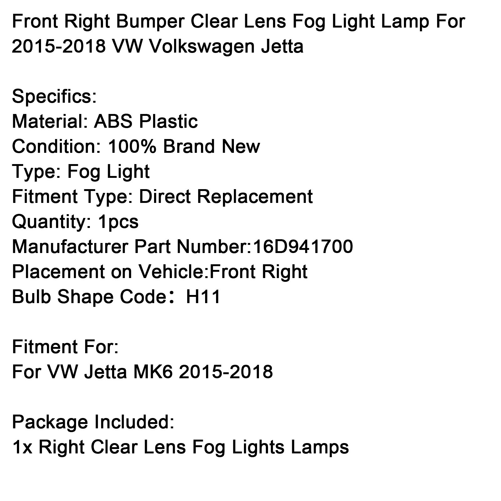 Mistlamplamp rechtsvoor met heldere lens voor VW Volkswagen Jetta 2015-2018