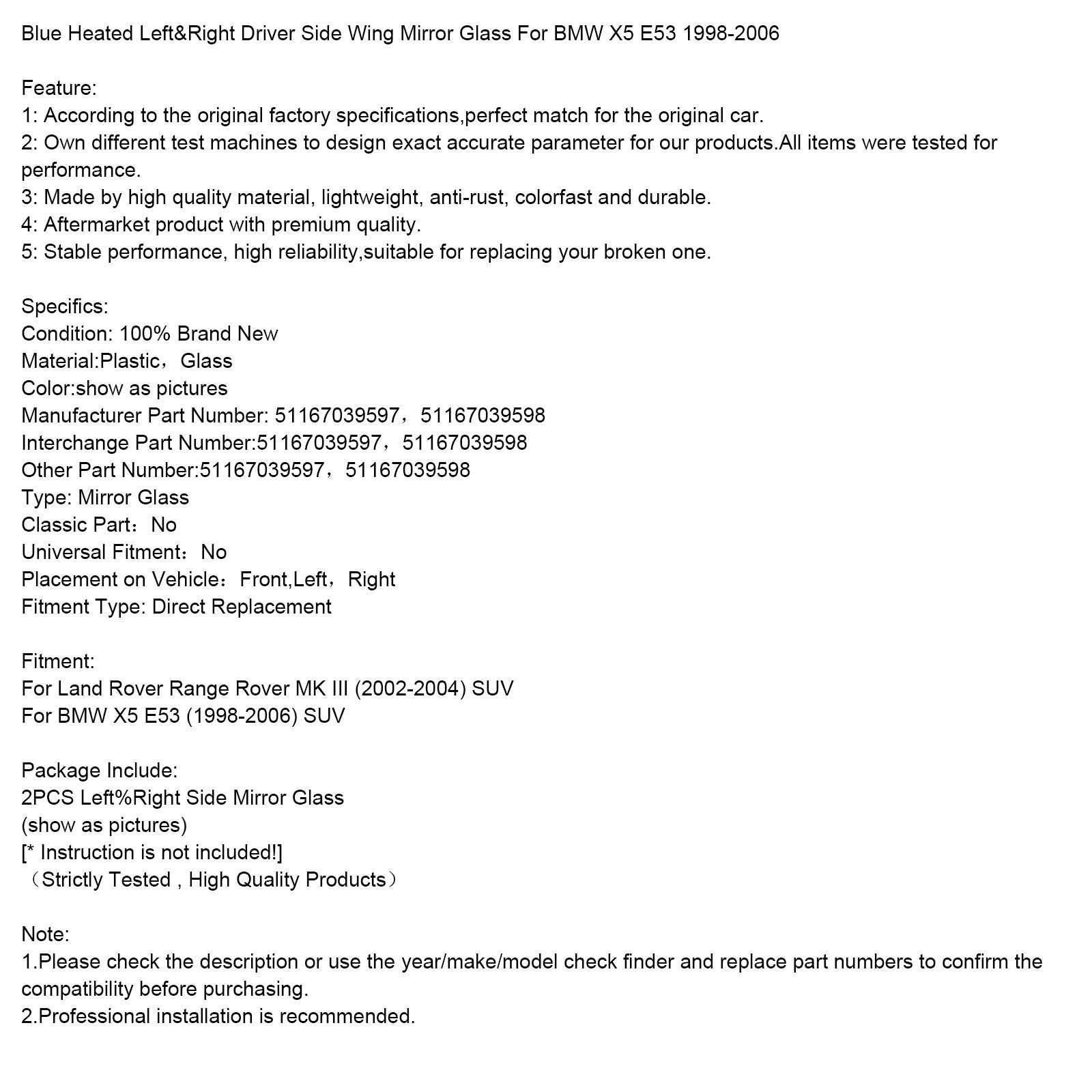 Specchi laterali sinistro e destro Blu riscaldati per BMW X5 E53 1998-2006