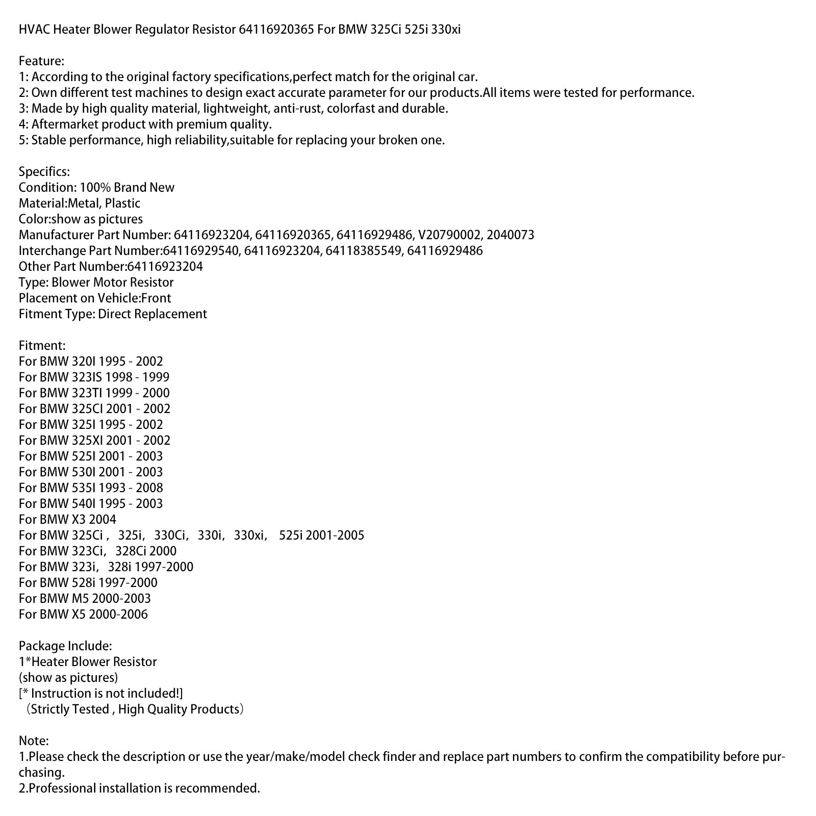Resistenza regolatore ventilatore riscaldatore HVAC 64116920365 per BMW 325Ci 525i 330xi