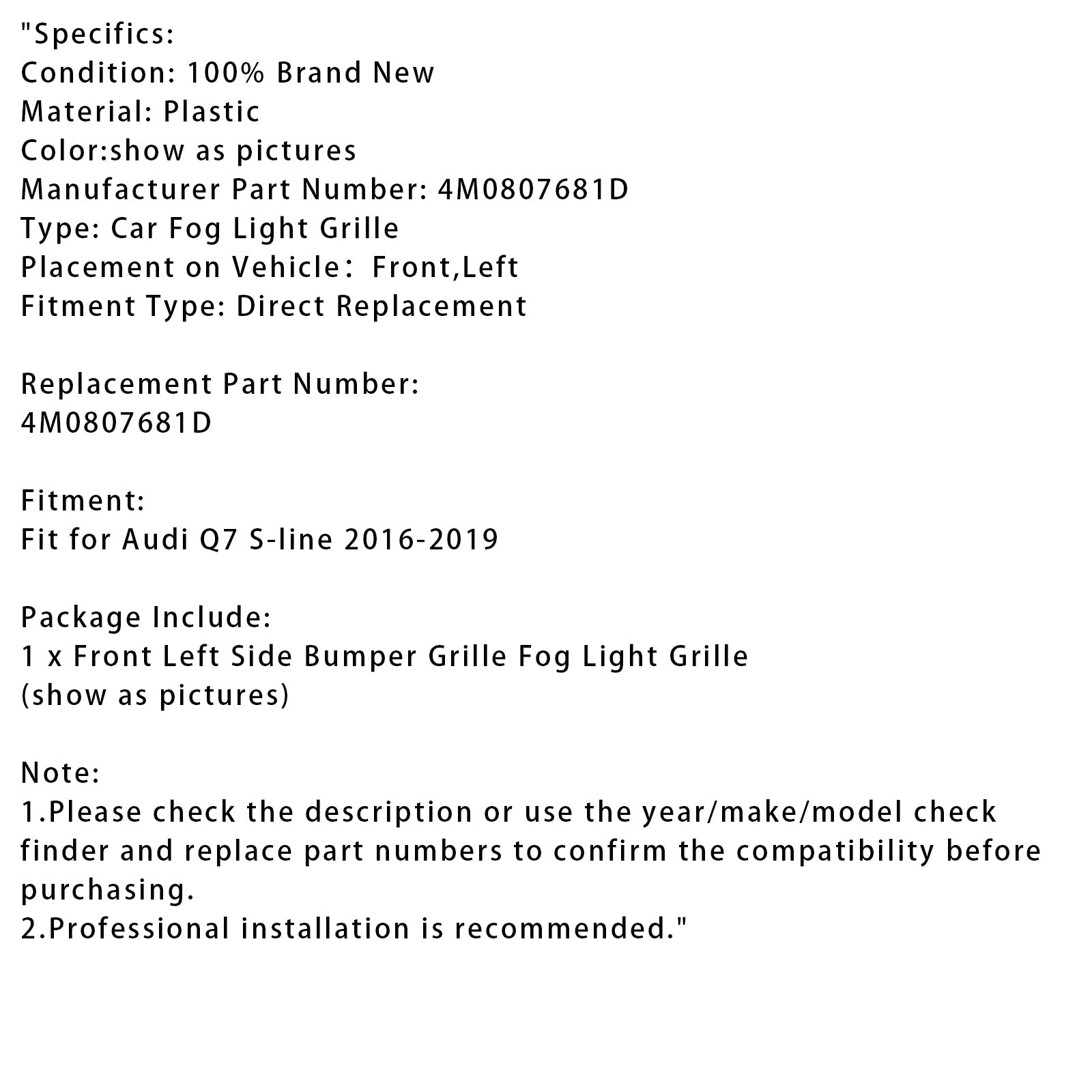 Origineel Fog Light Grid aan de linkerkant voor Audi Q7 S-Line 2016-2019 4M0807681D