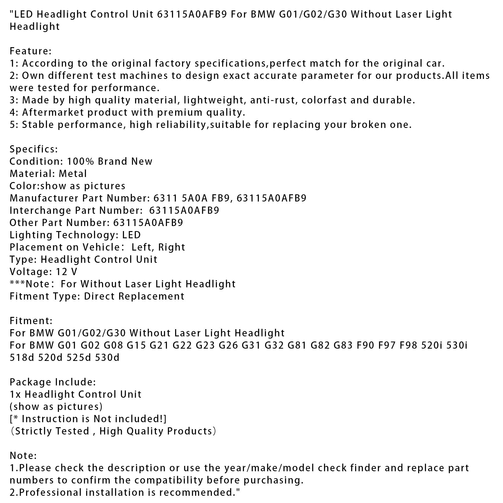 Sterownik reflektorów LED BMW G01/G02/G30 63115A0AFB9 bez lasera 63115A0AFB9