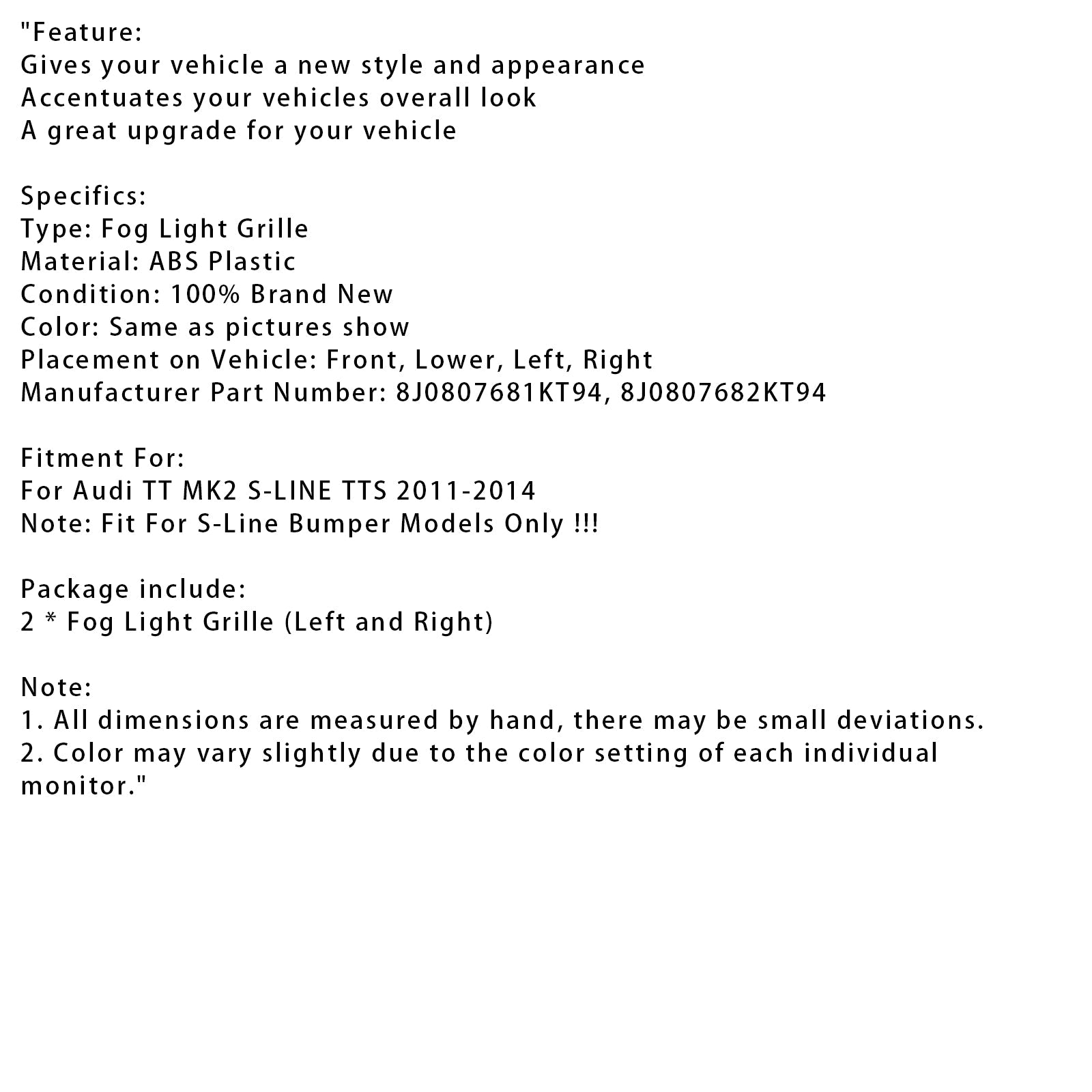 Grille de phare antibrouillard chromée pour pare-chocs avant Audi TT MK2 S-Line TTS 2011-2014