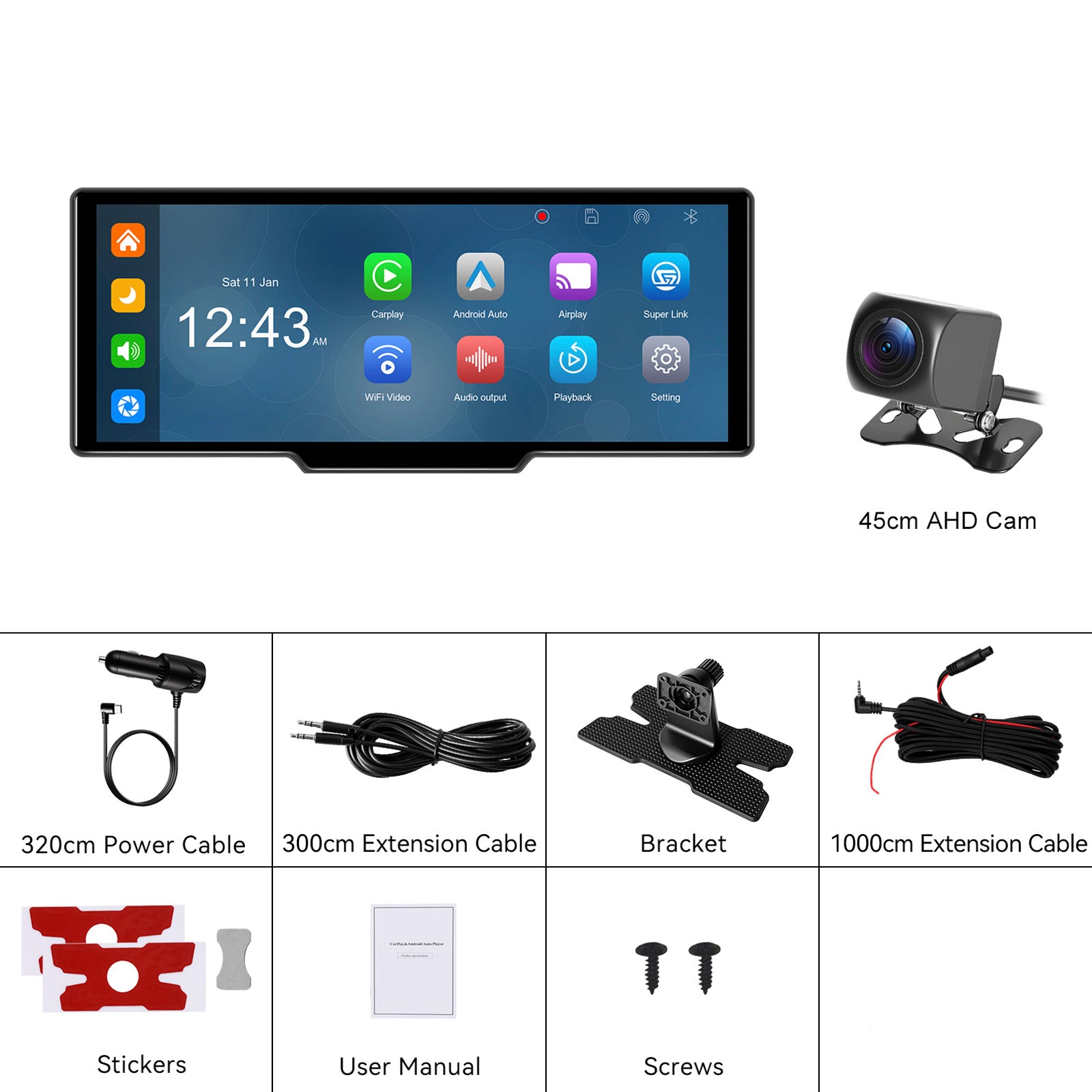 Autoradio portable Bluetooth 10,26"" avec navigation sans fil et compatible CarPlay, caméra AHD