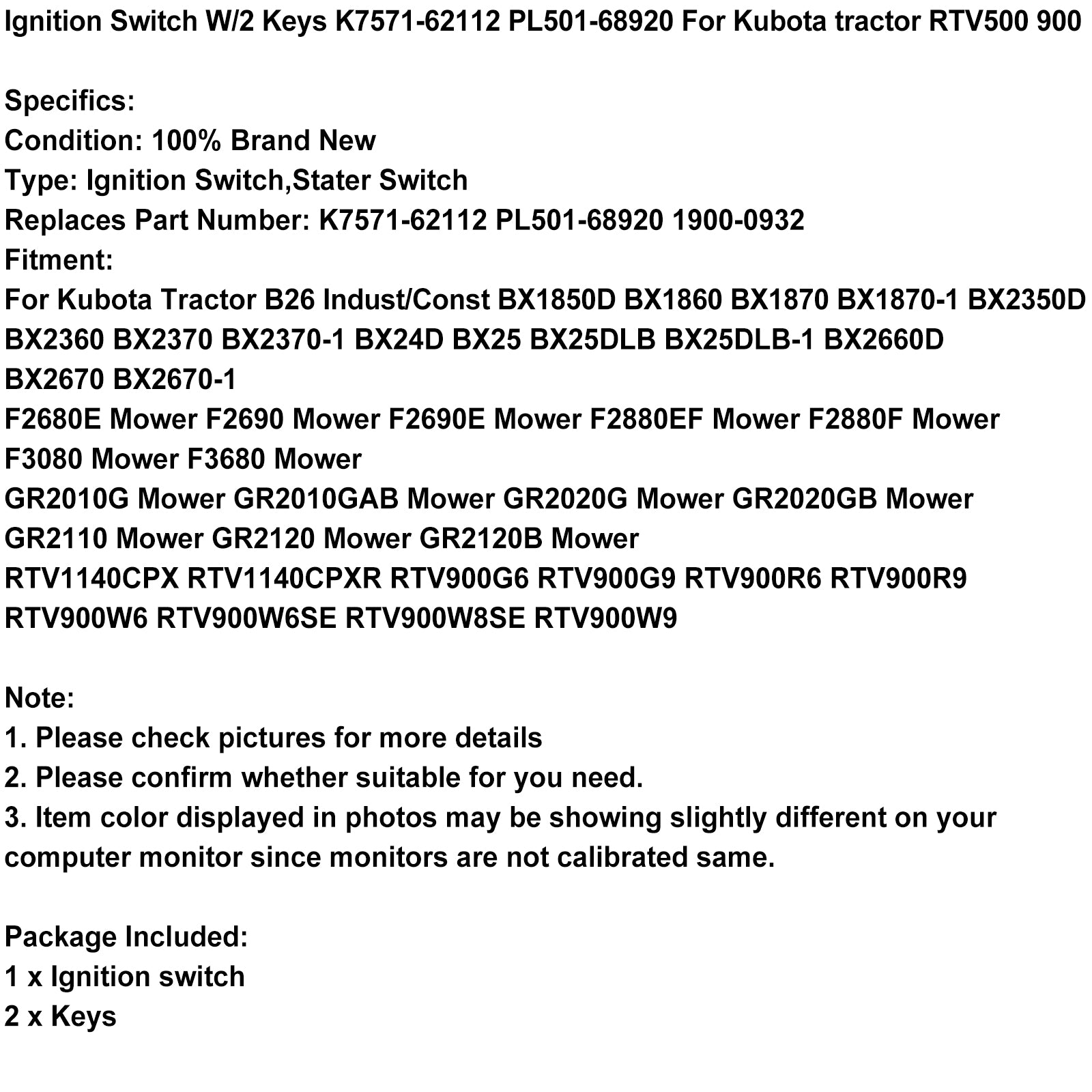 Interruptor de encendido con llaves K7571-62112 para tractor Kubota RTV500 900