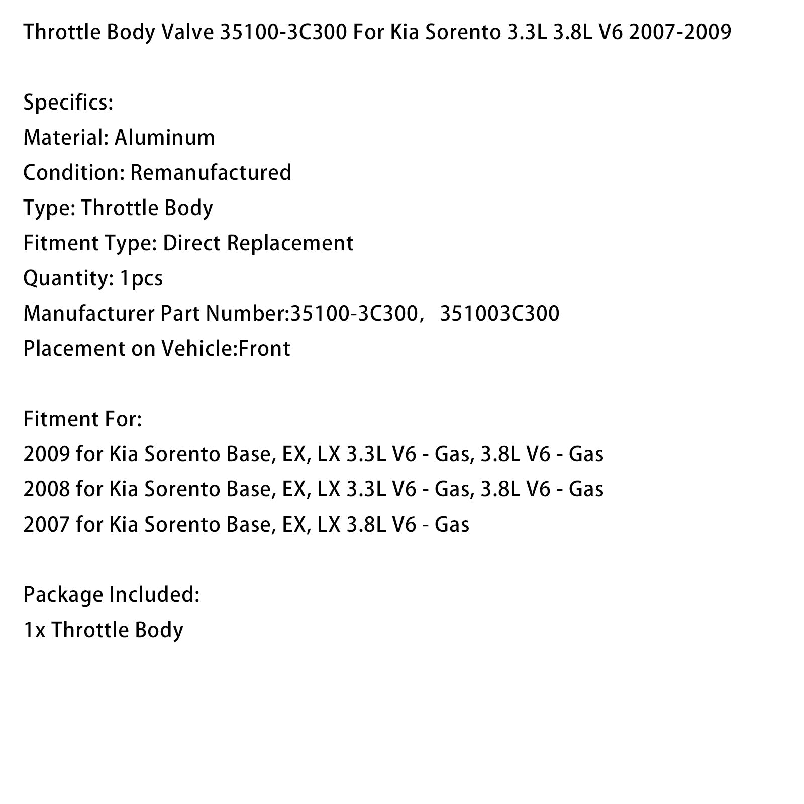 Corps de papillon des gaz 35100-3C300 pour Kia Sorento 3.3L 3.8L V6 2007-2009