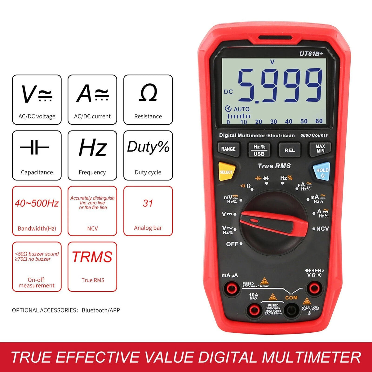 UT61B+ digitale multimeter: AC/DC-spannings-, stroom-, weerstands- en capaciteitstester
