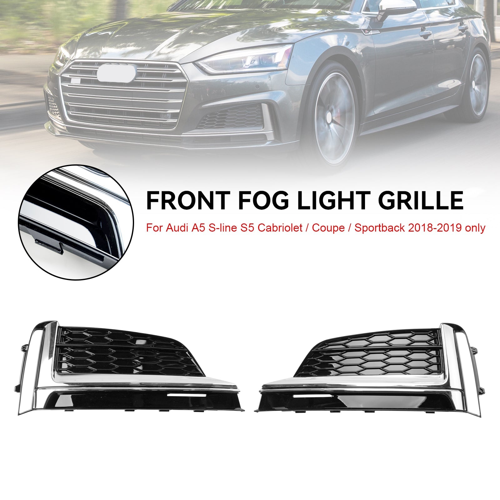 Lot de 2 garnitures de calandre de phare antibrouillard pour pare-chocs avant pour Audi S5 A5 S-Line 2018-2019