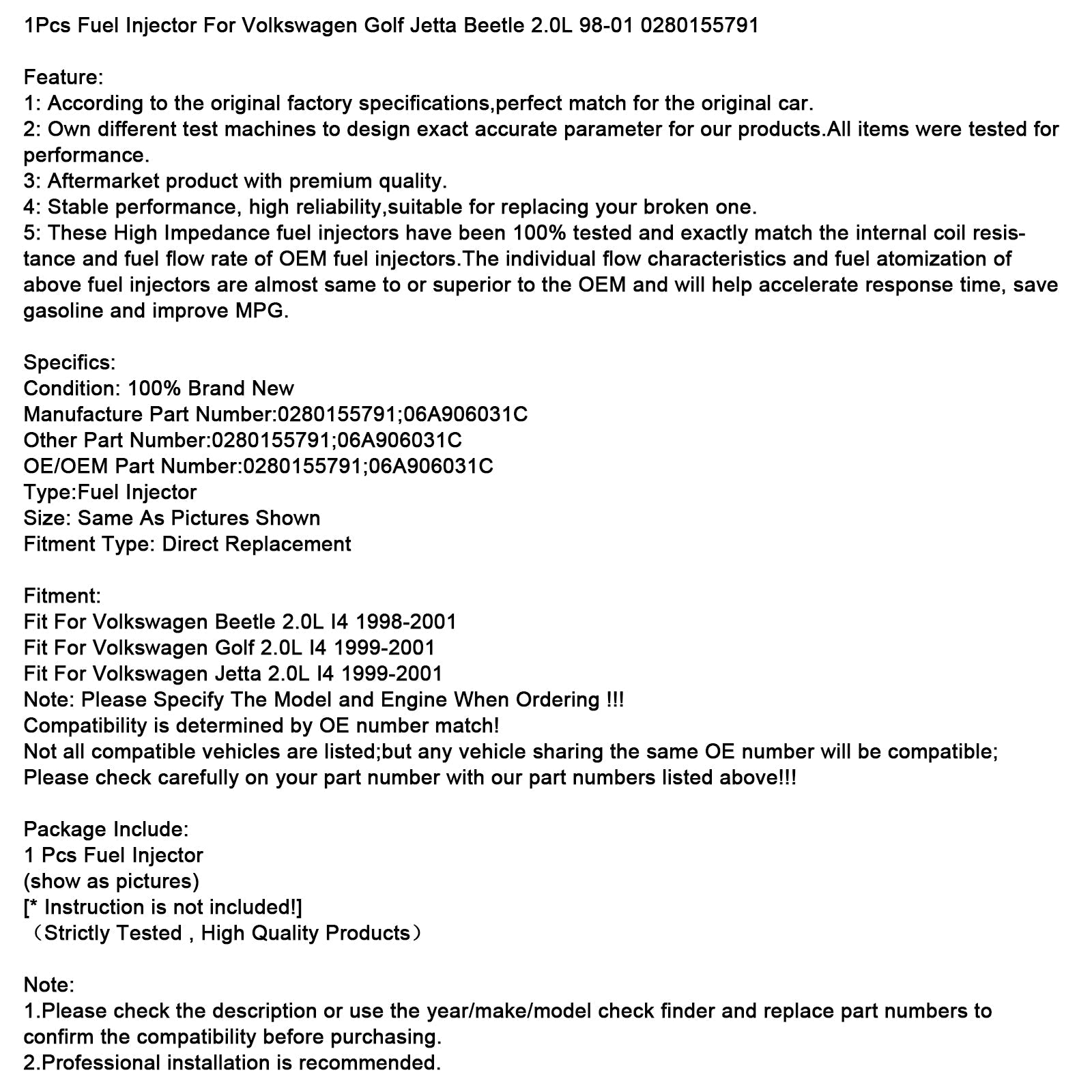 1x iniettore di carburante per Volkswagen Golf Jetta Beetle 2.0L 98-01 0280155791