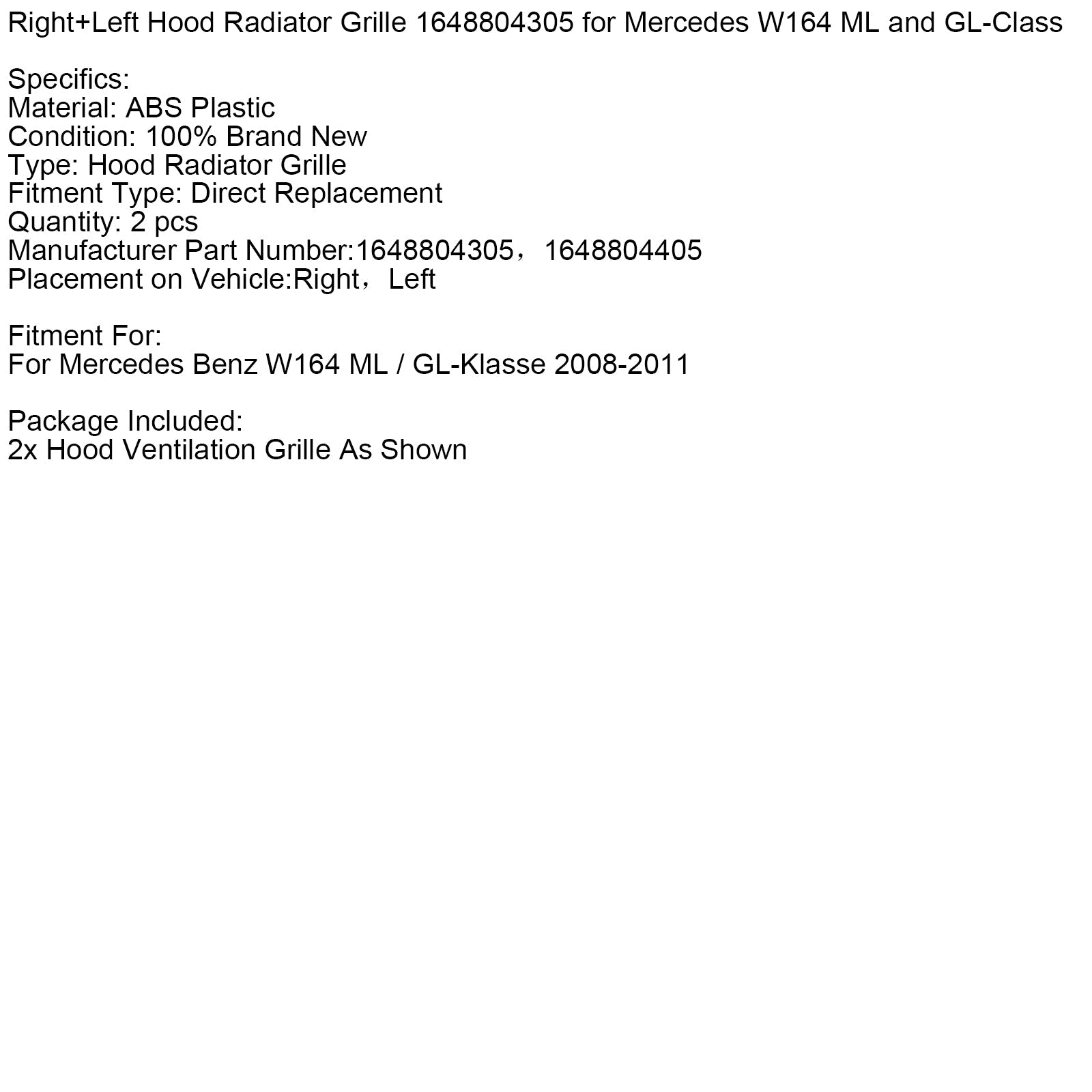 Desna in leva maska ​​hladilnika pokrova motorja 1648804305 za Mercedes W164 Razred ML in GL