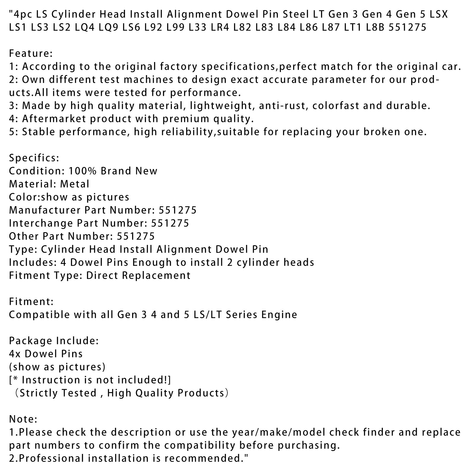 Lotto di 4 perni di allineamento per l'installazione della testata in acciaio Lt Gen 3 Gen 4 Gen 5 LSX