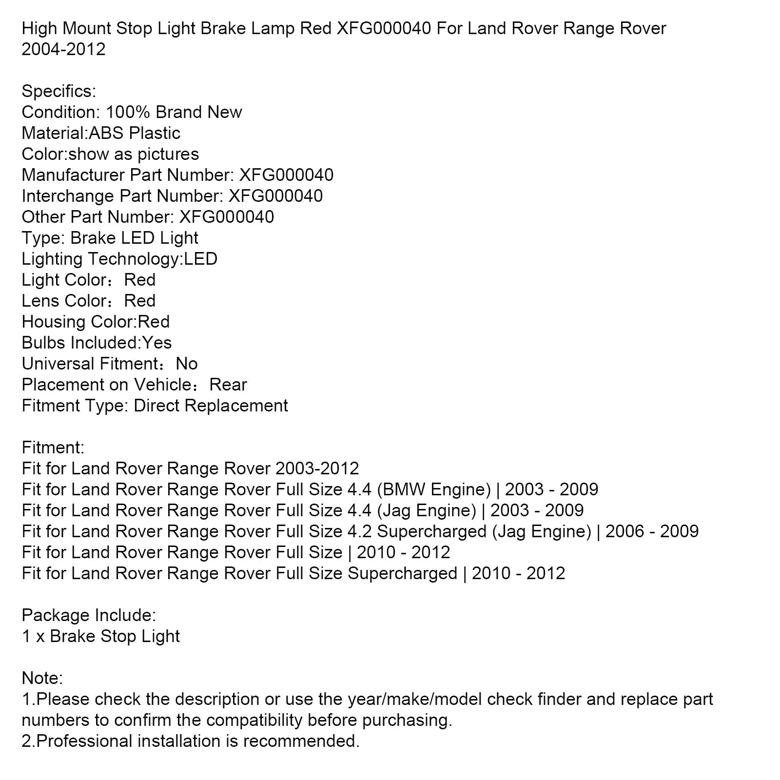 Feu stop surélevé rouge XFG000040 pour Land Rover Range Rover