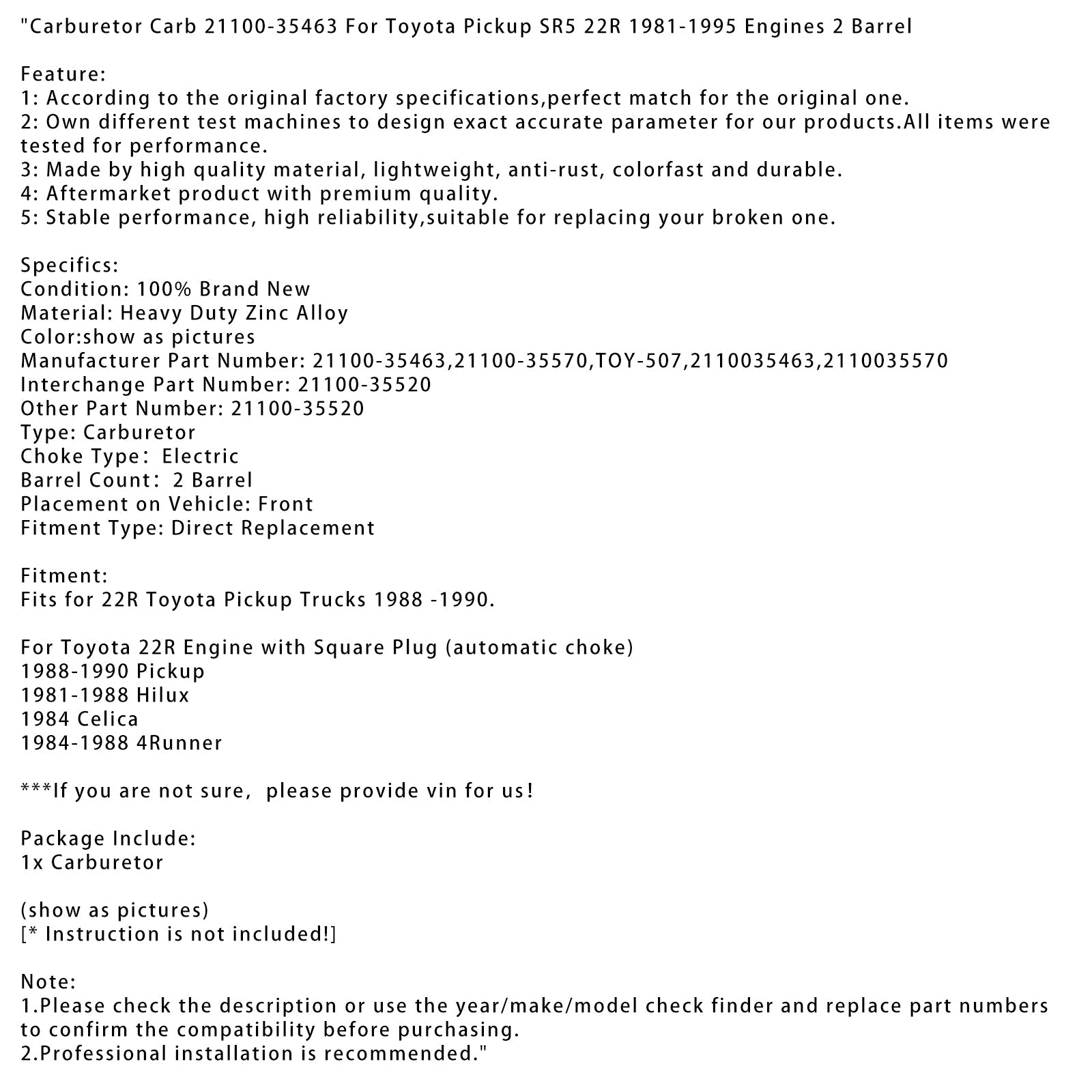 1988-1990 Toyota 22R -moottori neliöpistokkeella kaasuttimella Carb 21100-35463 21100-35570