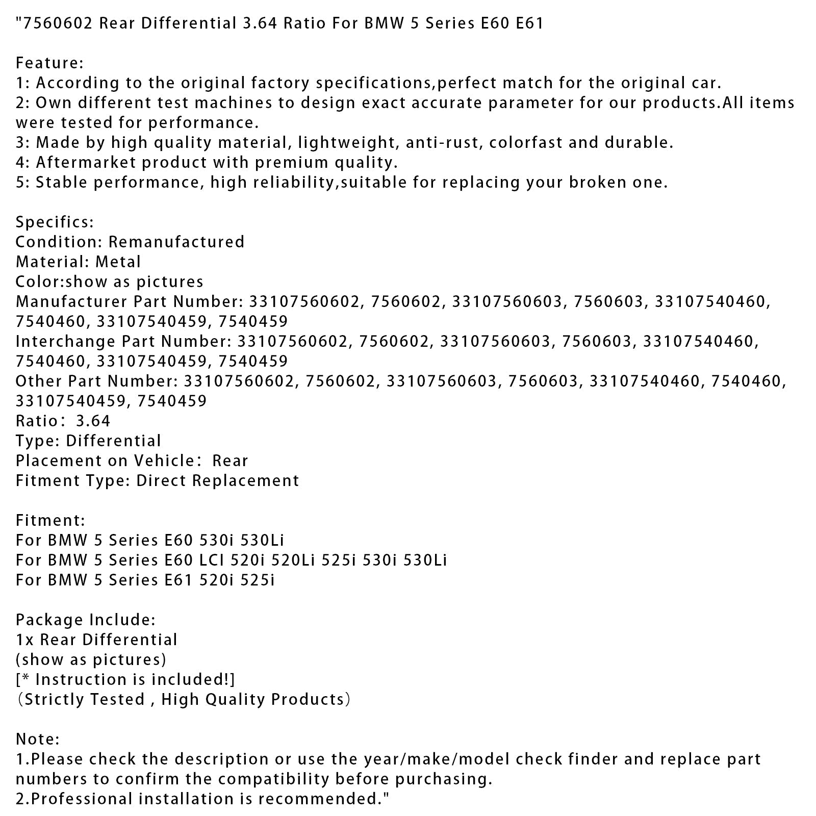 Achter differentiaal BMW 5 E60 530I 530LI -serie, rapport 3.64, 7560602