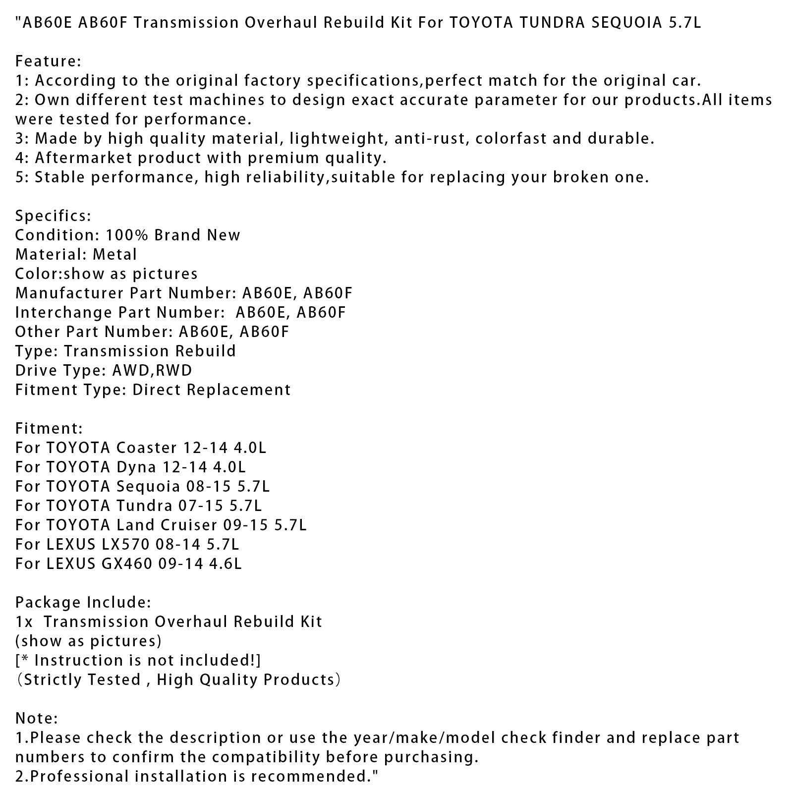 Kit de reconstruction de révision de transmission TOYOTA Tundra 5,7 L AB60E AB60F 2007-2015