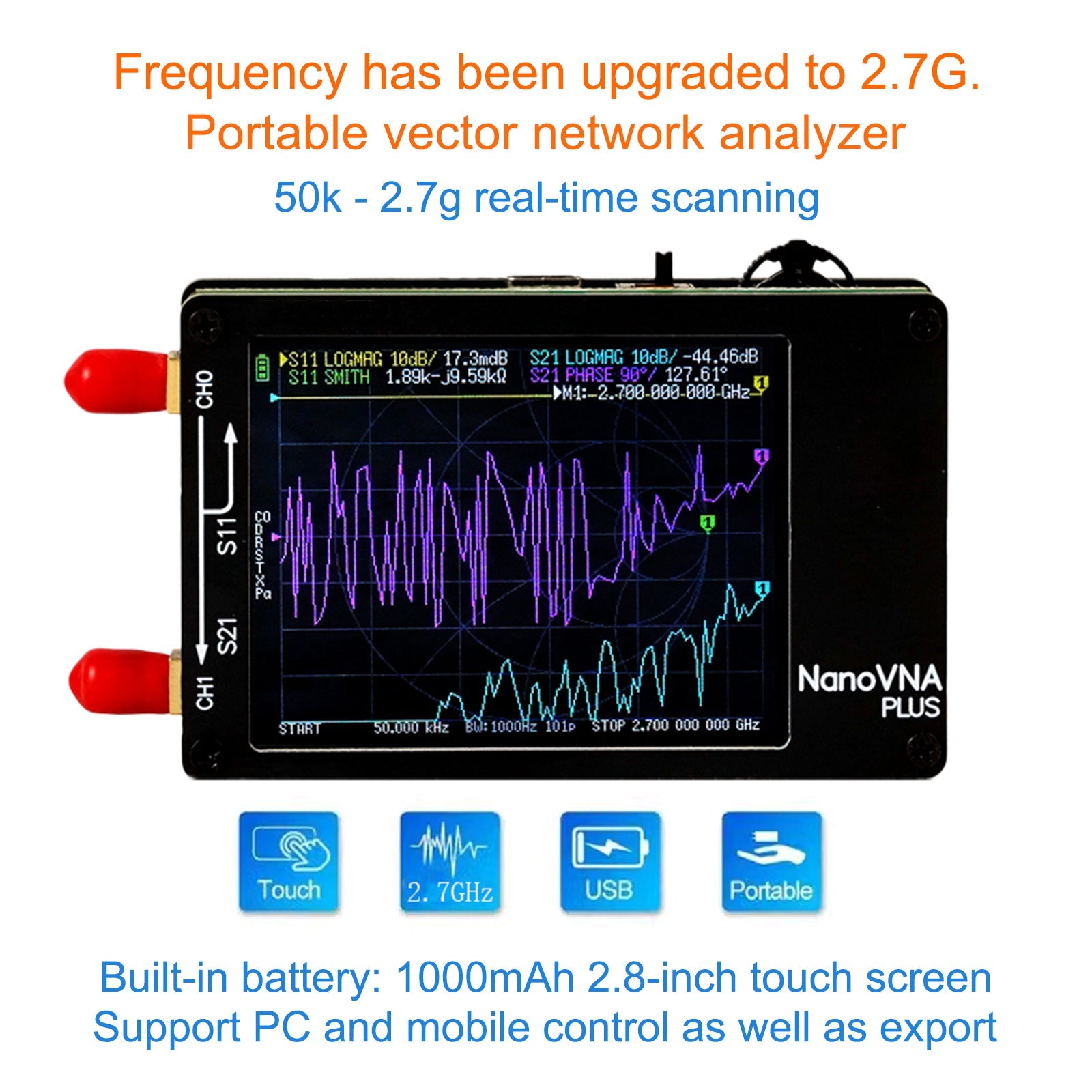 Analyseur de réseau vectoriel portable NanoVNA Plus 50 kHz-2,7 GHz amélioré de 2,8 pouces