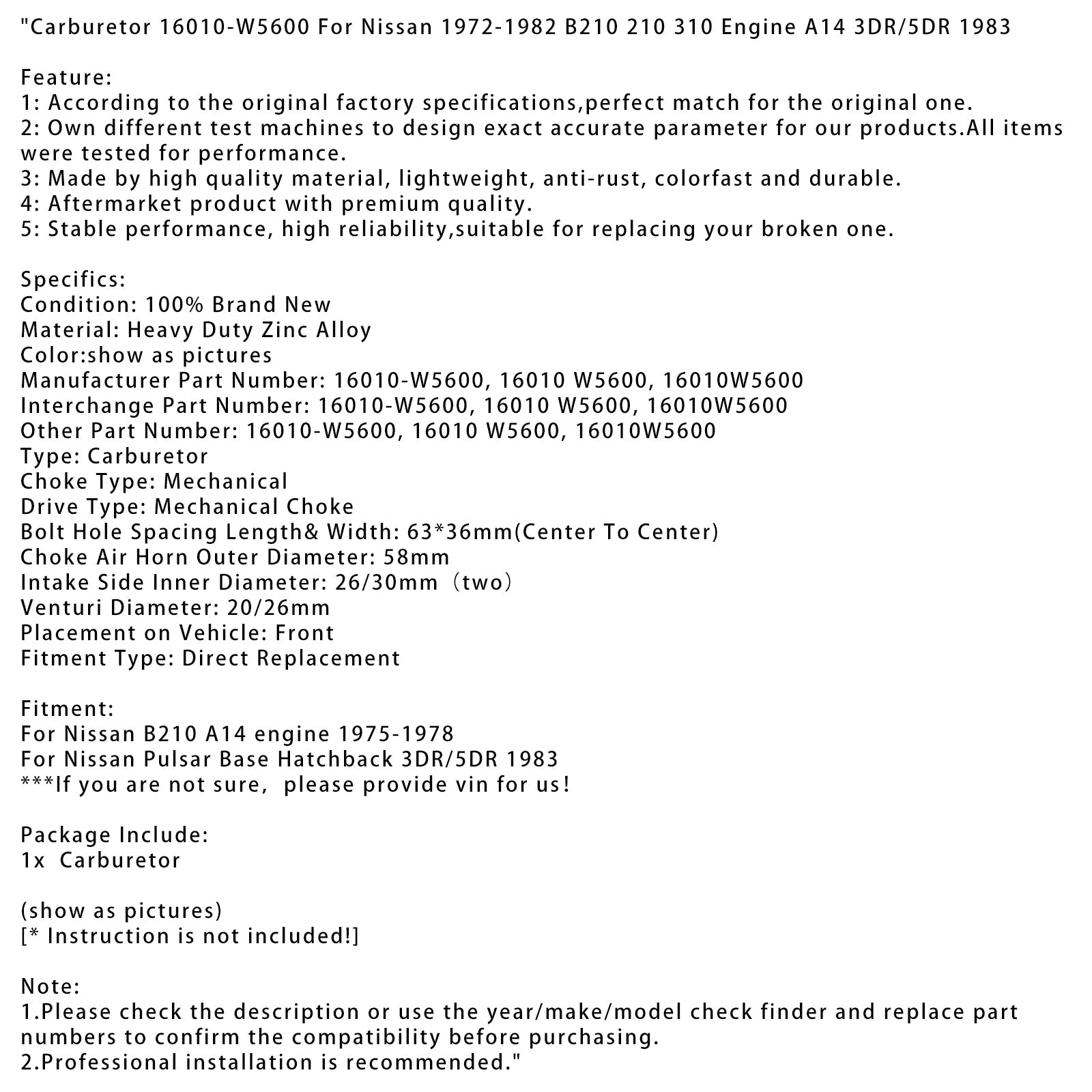 Gaźnik 16010-W5600 Dla Nissan 1972-1982 B210 210 310 silnik A14 3DR/5DR 1983