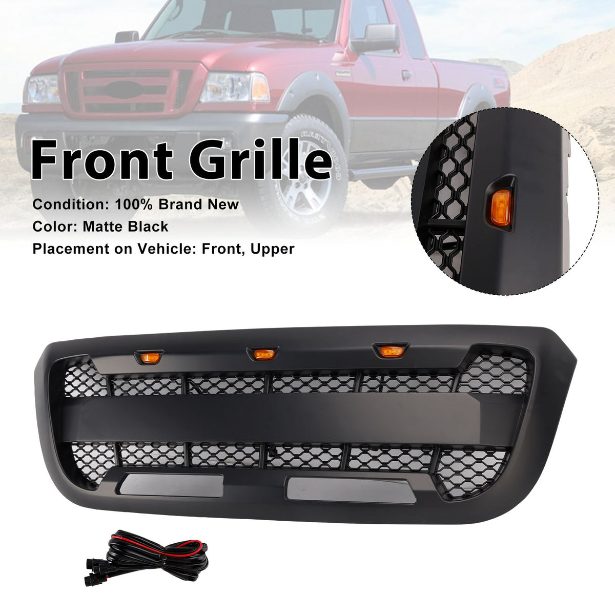 Calandre de pare-chocs avant noire mate avec éclairage LED pour Ford Ranger (2004-2011).