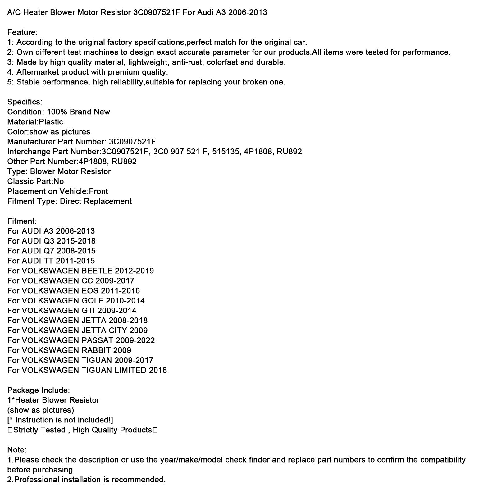 Združevanje ogrevalnega ventilatorskega motorja 3C0907521F za Audi A3 2006-2013