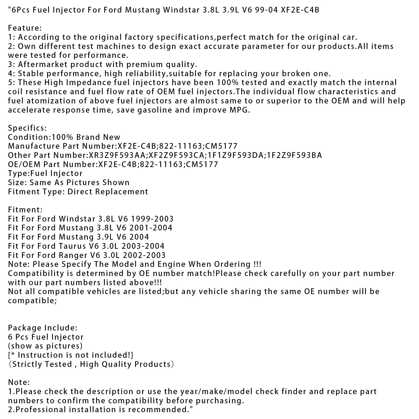 6 injecteurs de carburant pour Ford Mustang Windstar 3.8L 3.9L V6 99-04 XF2E-C4B