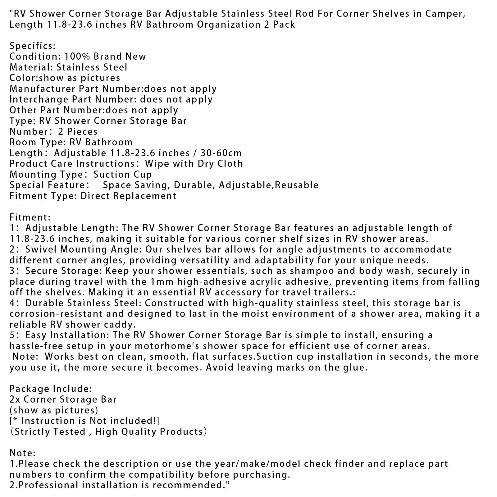 2 barre portaoggetti&Asta regolabile in acciaio inossidabile per doccia RV da 11,8 a 23,6 pollici