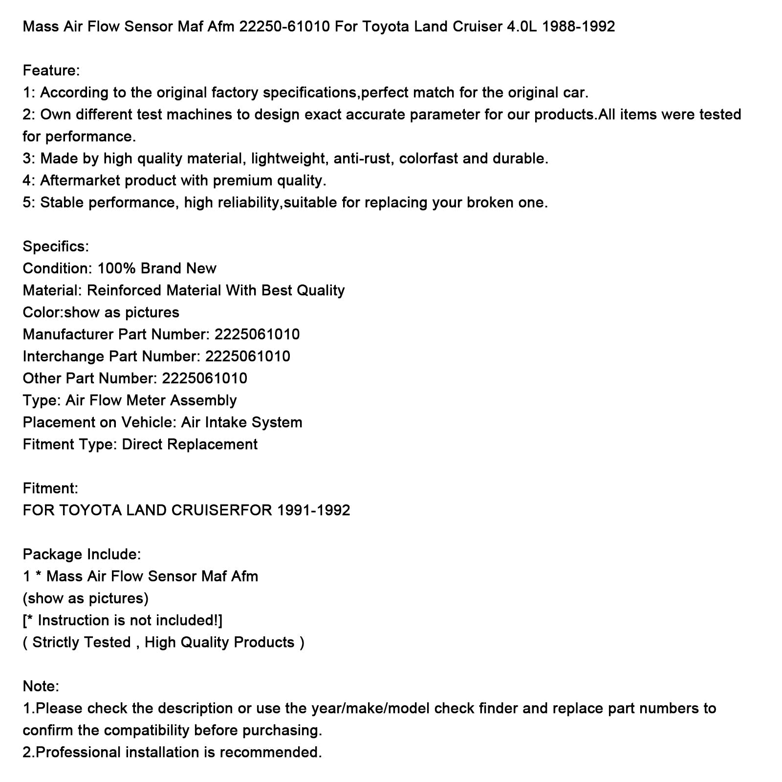 Masni senzor pretoka zraka (MAF AFM) 22250-61010 za Toyota Land Cruiser 4.0L 1988-1992