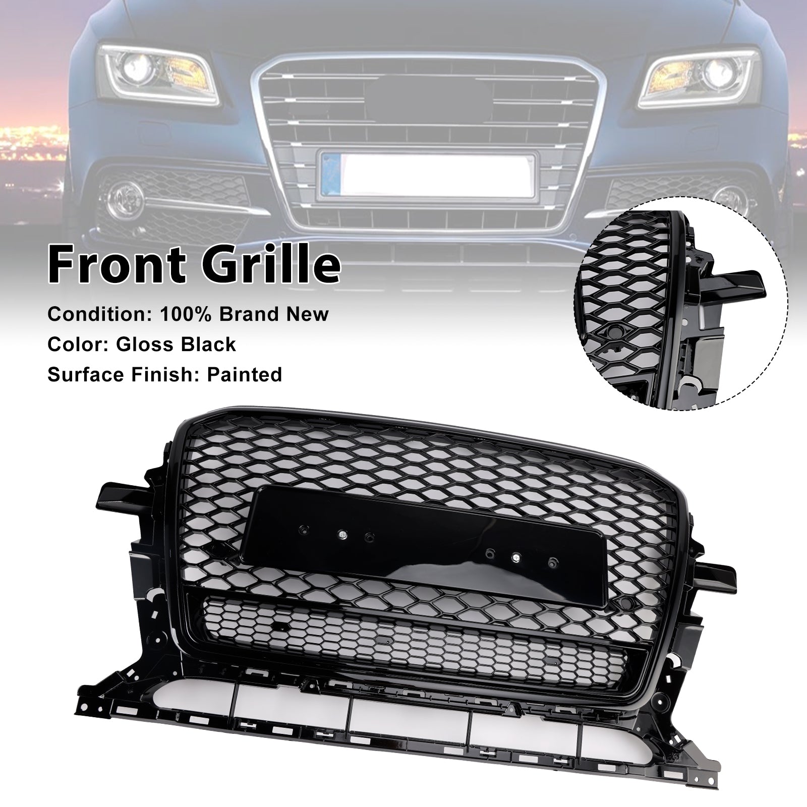 Grille de pare-chocs avant en nid d'abeille noir brillant pour Audi Q5 2013-2017