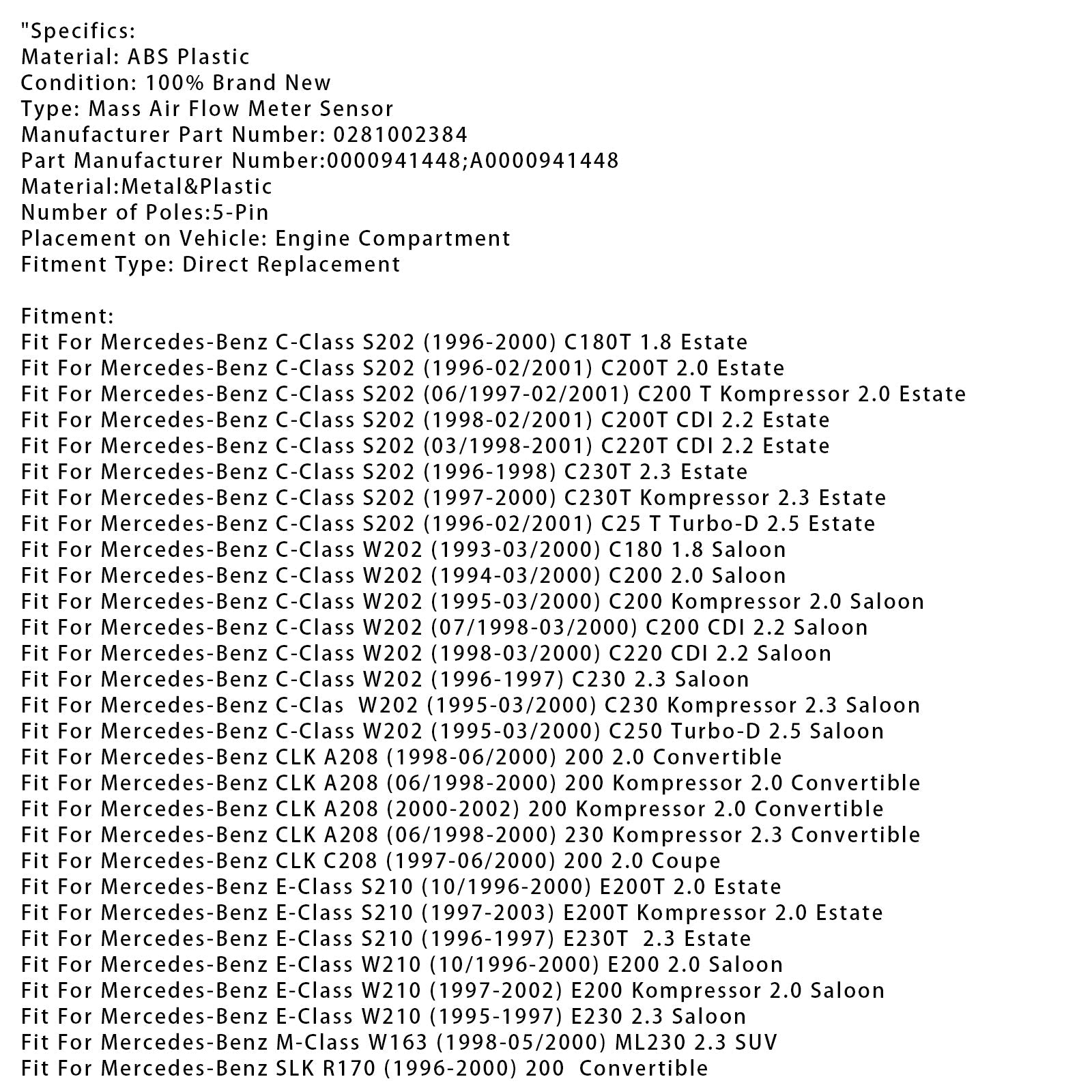 Senzor merilnika pretoka d'masa zraka za Mercedes-Benz W202  W210 Sprinter 2-T 0000941448