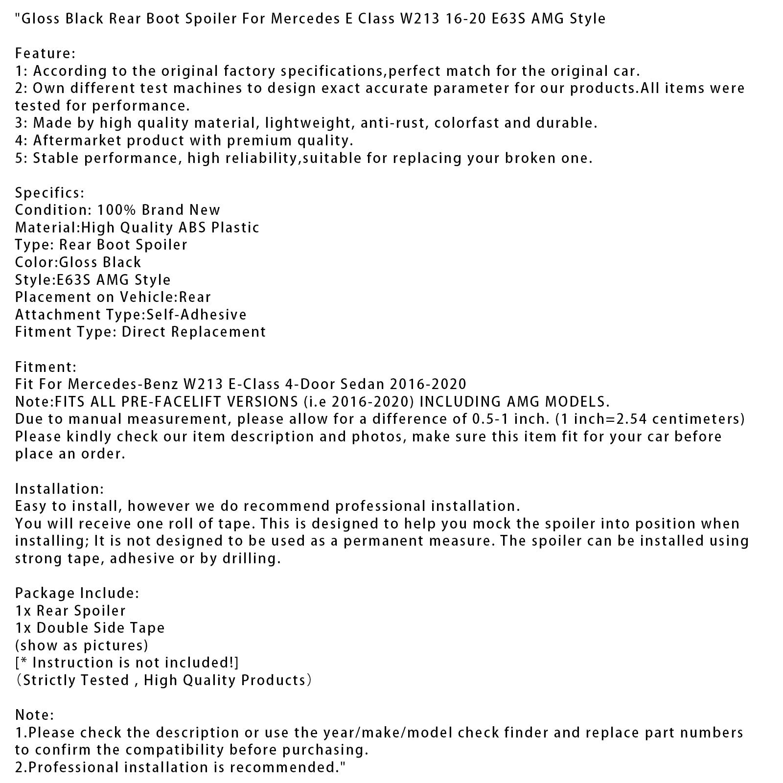 Glanzend zwarte AMG-stijl achterspoiler voor Mercedes E-Klasse W213 E63S (2016-2020)