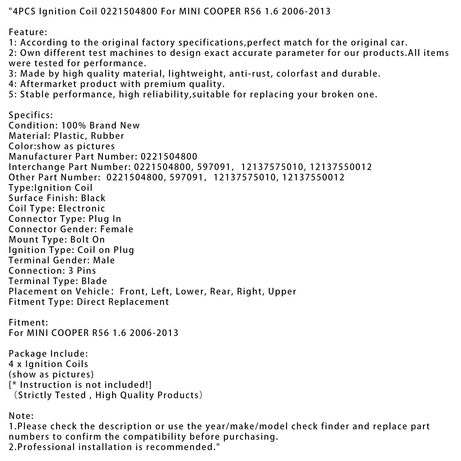4-częściowa cewka zapłonowa dla mini Cooper R56 1,6 2006-2013 0221504800 597091,12137575010