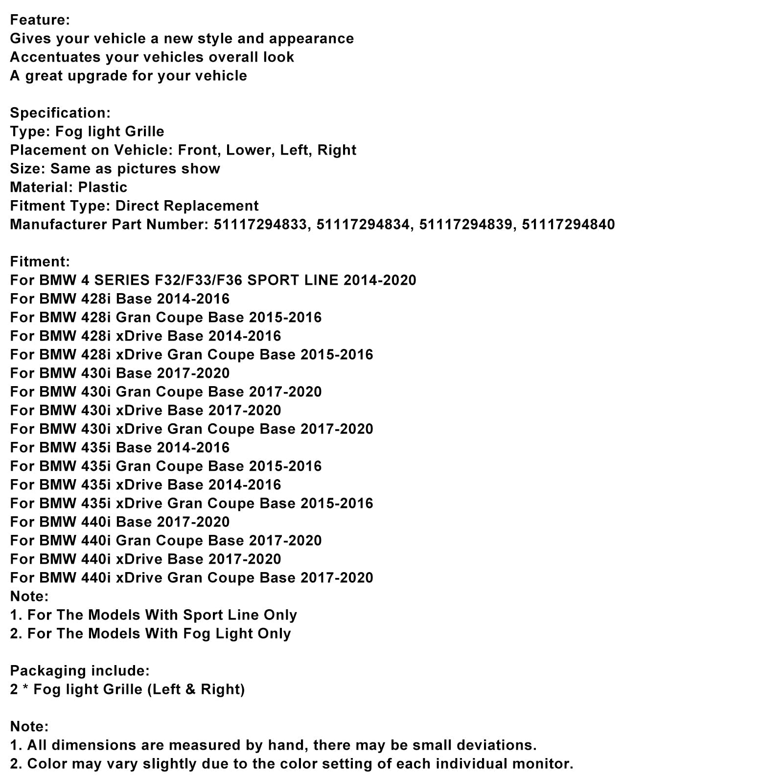 Grille de protection pour phare antibrouillard 51117294831 pour BMW F32 F33 F36 418D