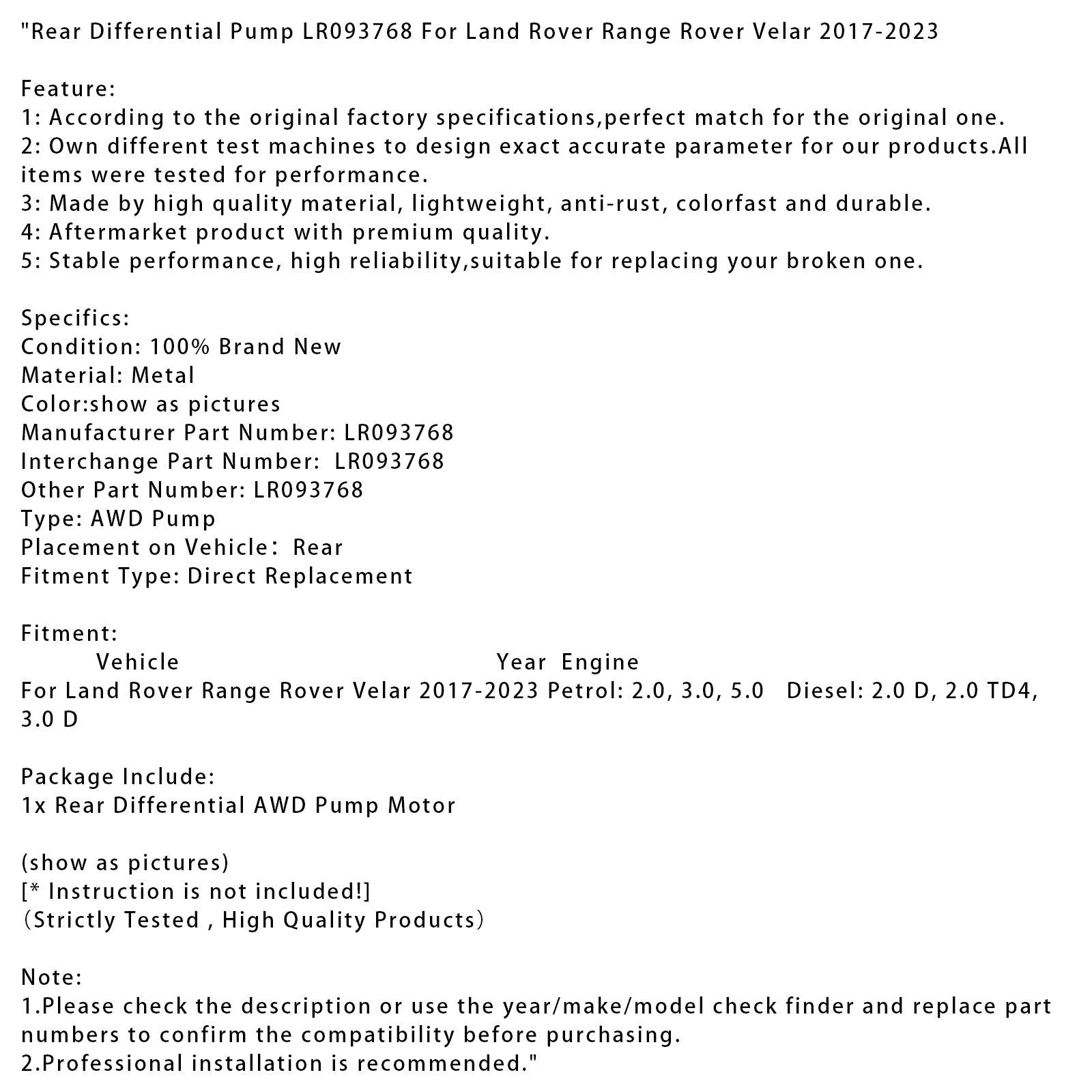 Pompe de différentiel arrière Land Rover Range Rover Velar 2017-2023 LR093768