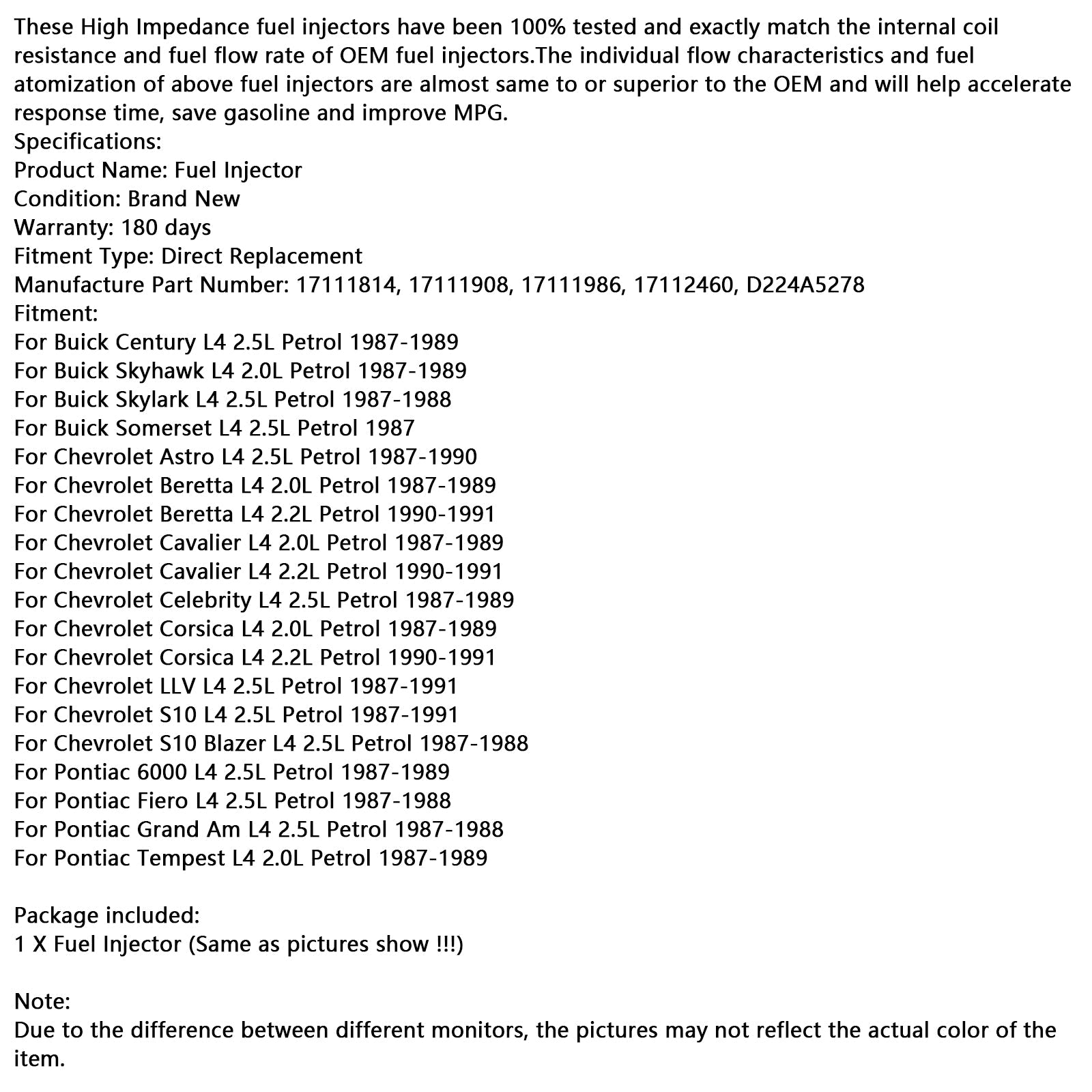 1 wtryskiwacz paliwa 17111814 dla Chevroleta Cavalier Corsica i Buick Century