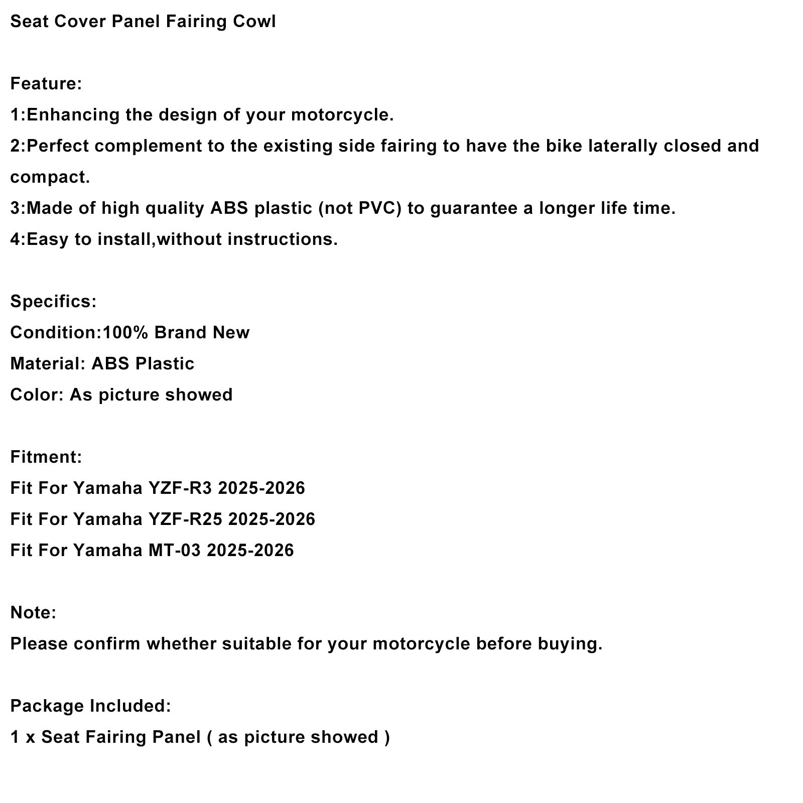 Carénage de selle Yamaha YZF-R3 R25 MT-03 2025-2026