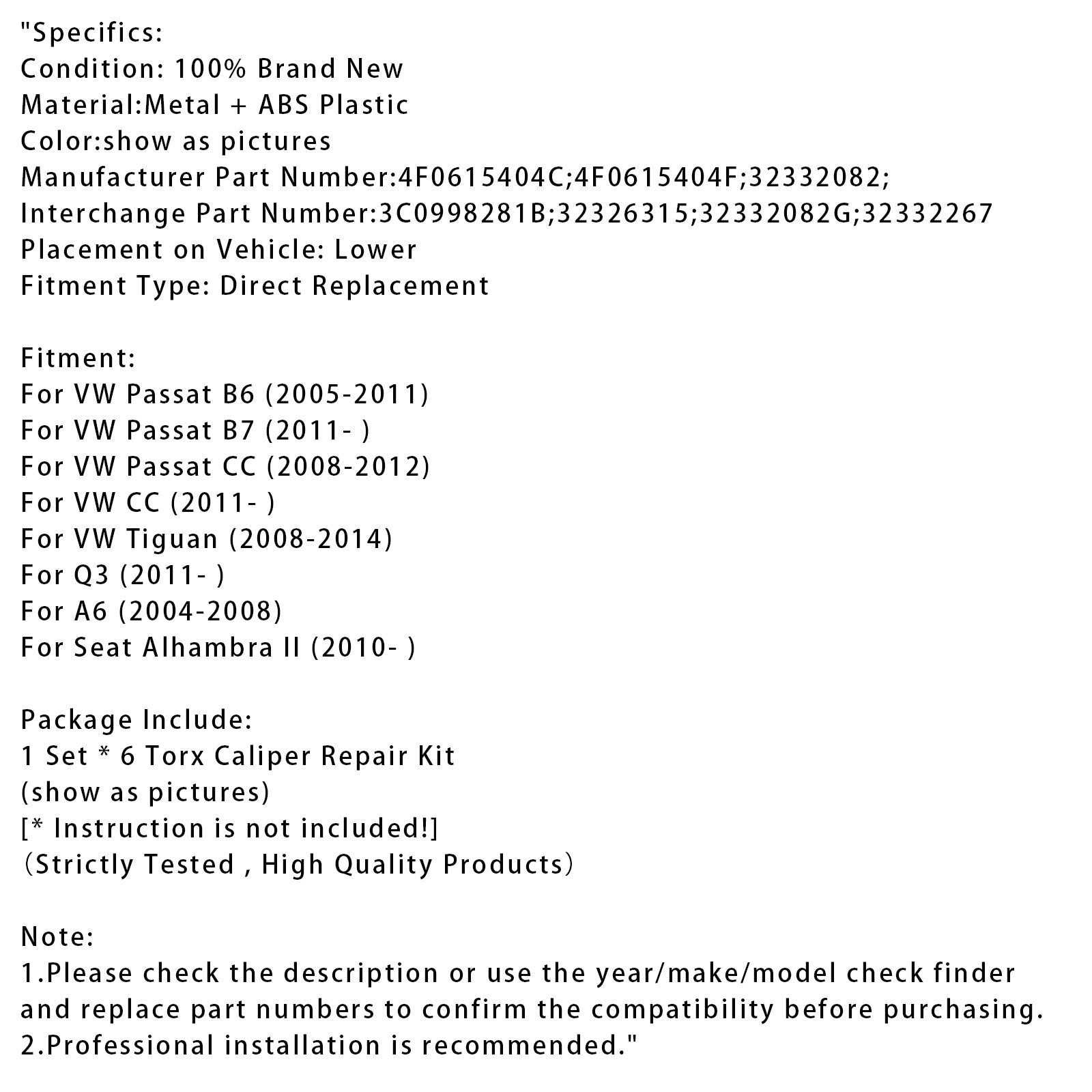 Kit di riparazione del motore&#39;Pinza freno di stazionamento posteriore 6 Torx per Audi VW Passat 32332082