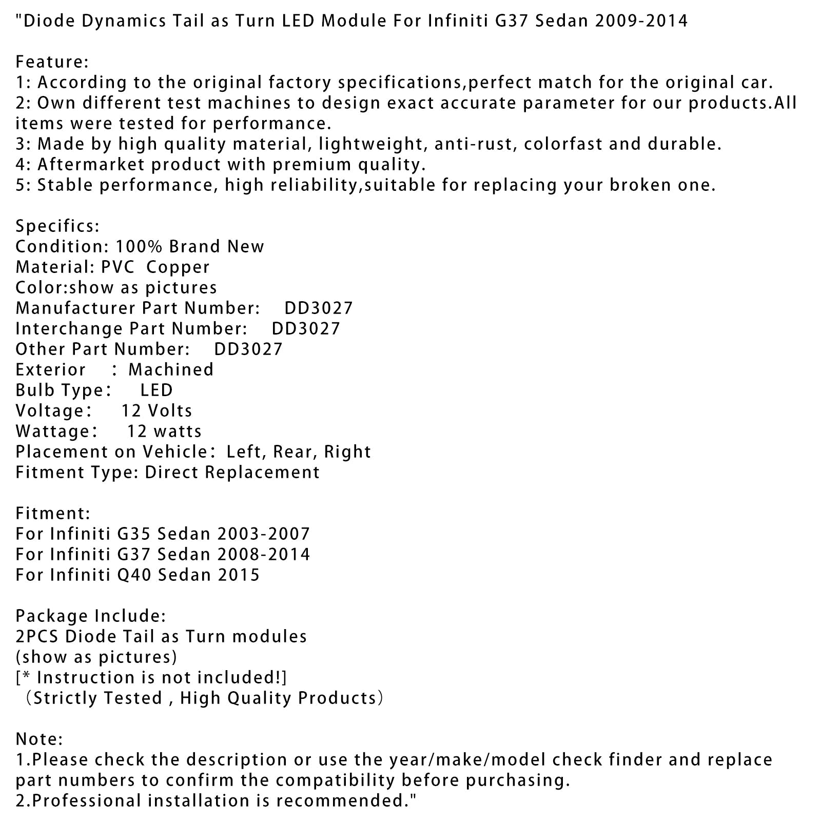 Modulo LED dinamico Lampeggiatura posteriore per Infiniti G35 Berlina 2003-2007 DD3027