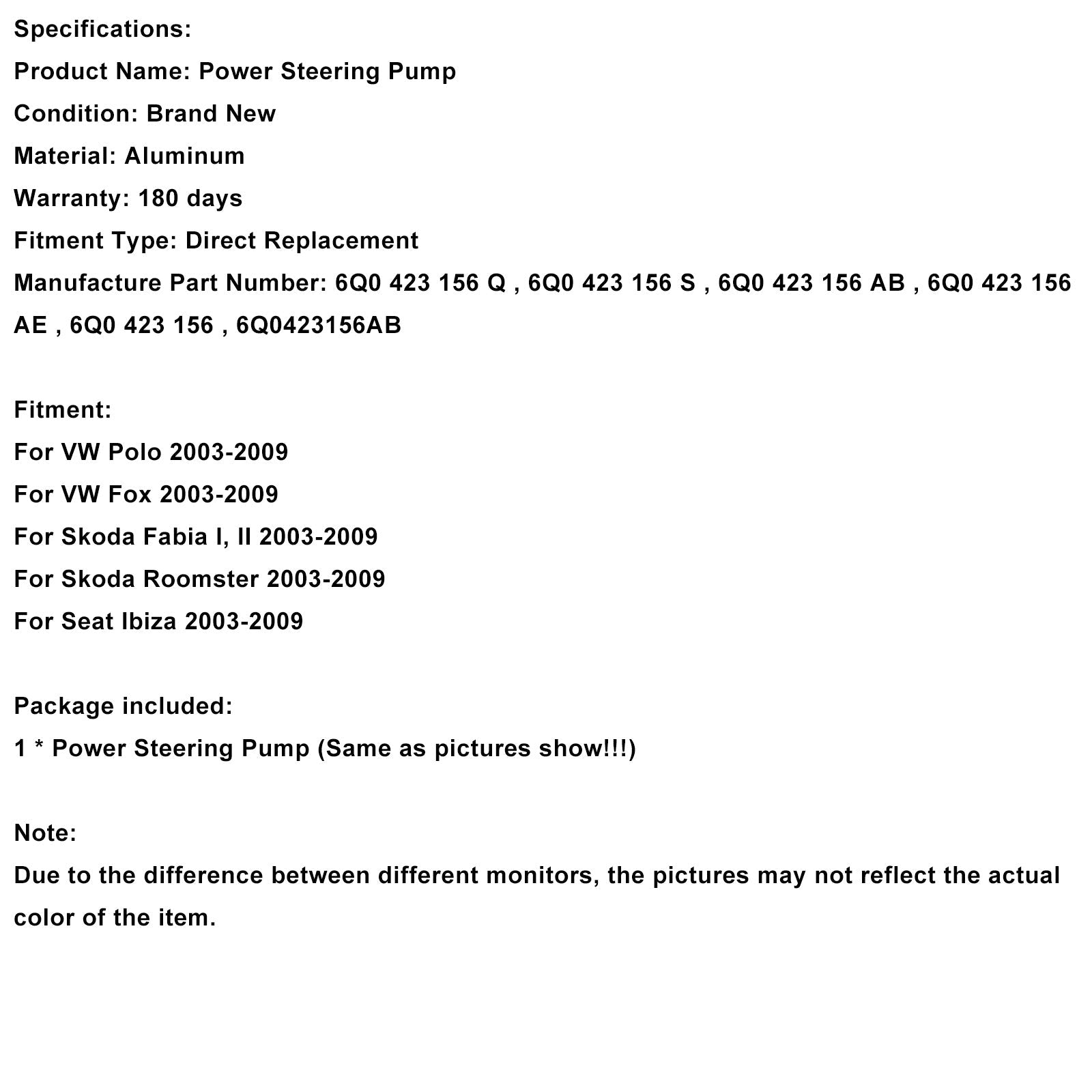 Pompe de direction assistée 6Q0423156AB Compatible VW Polo Fox et Skoda Fabia 2003-2009
