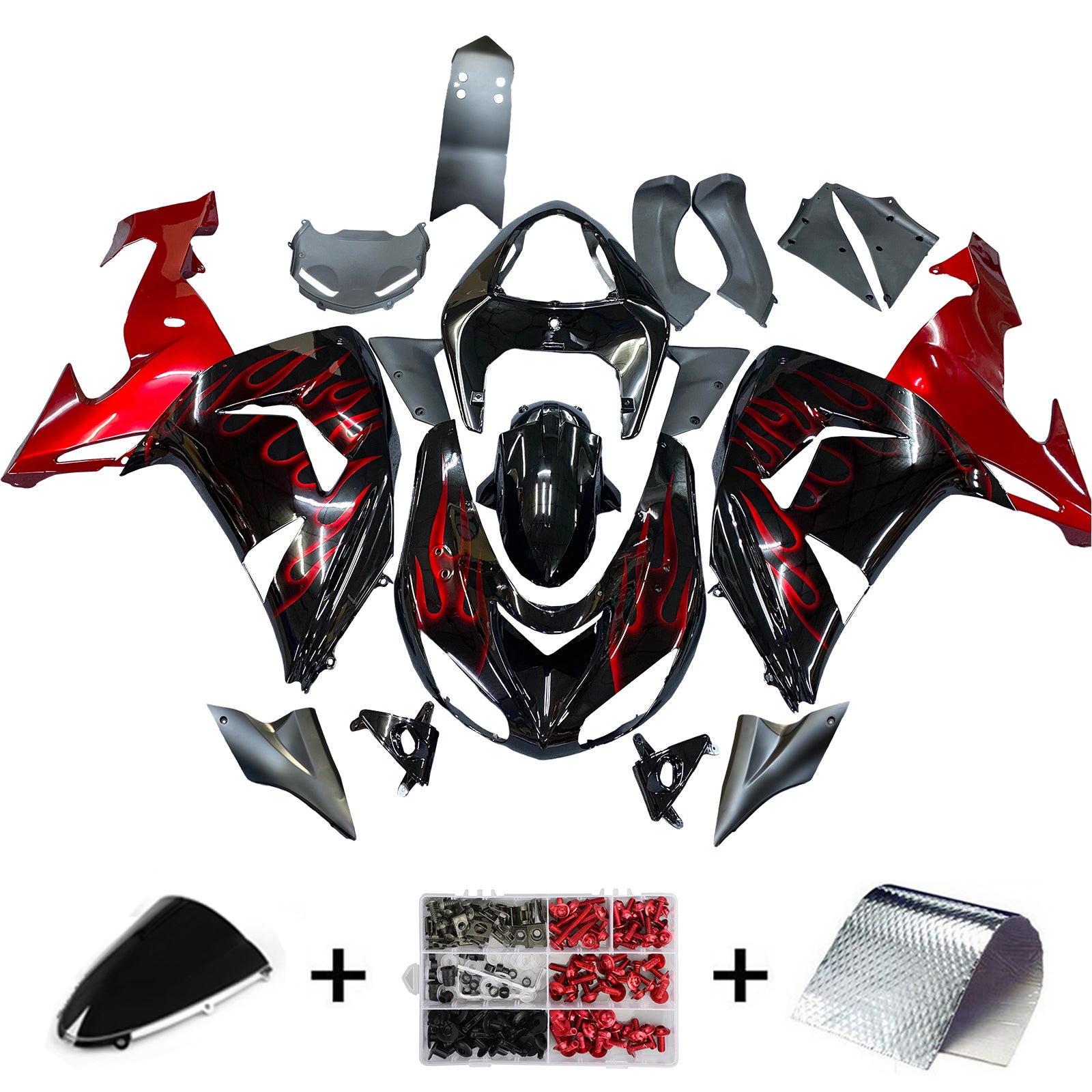 Kit de carénage en plastique moulé par injection rouge avec motifs flammes pour Kawasaki ZX10R 2006-2007