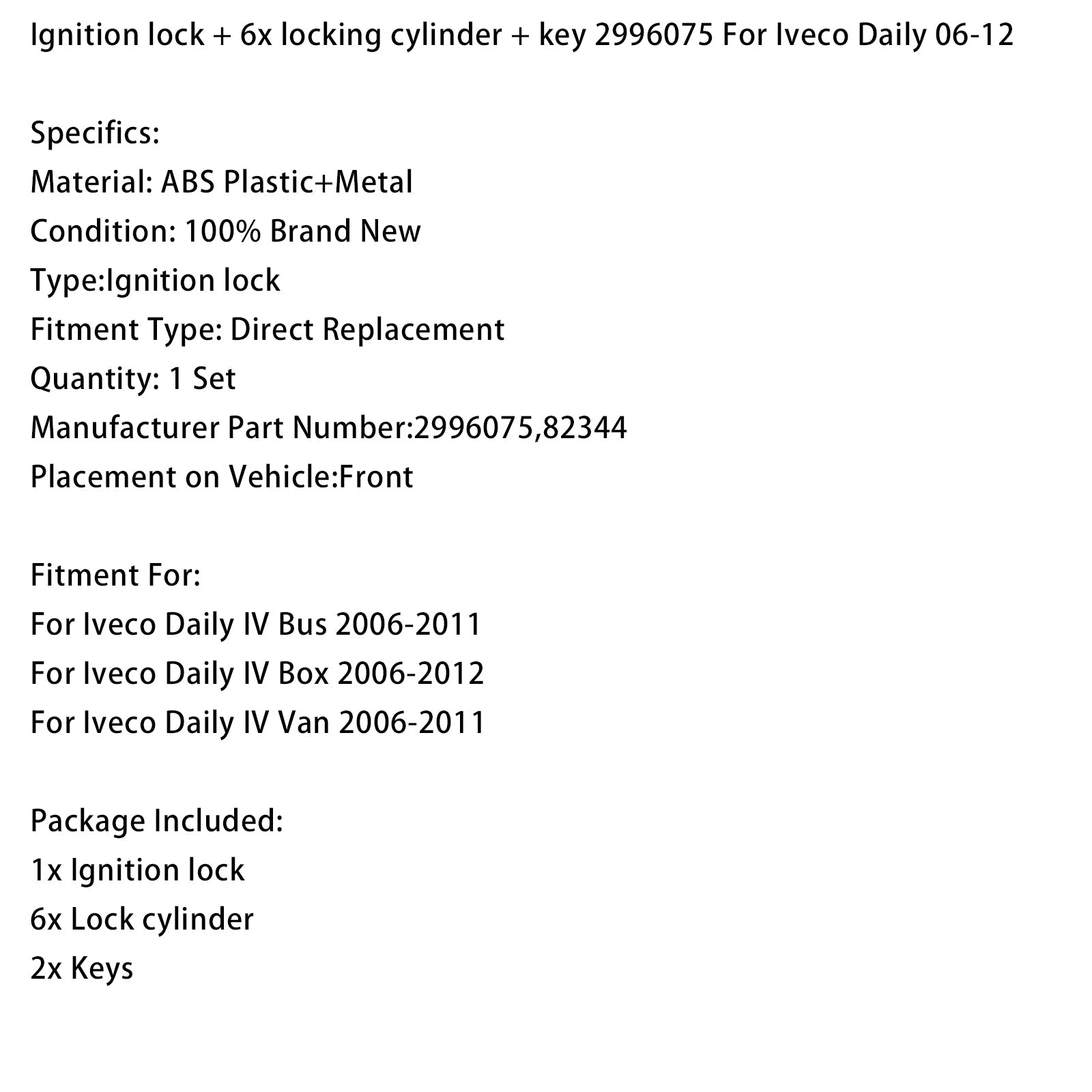 Antirrobo de encendido + 6 cilindros de cierre + llave 2996075 Para Iveco Daily 06-12