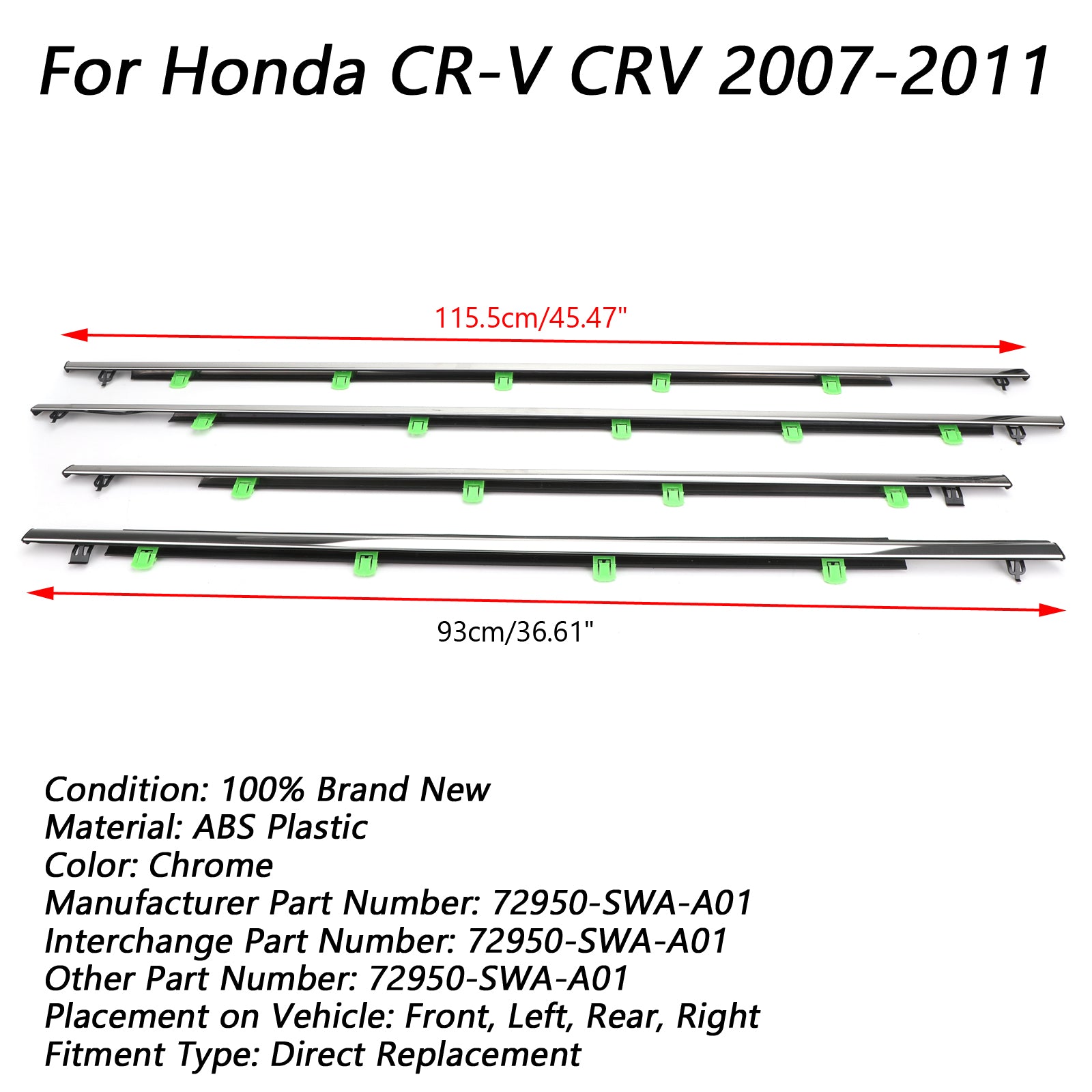 Honda CR-V CRV 2007-2011 4PCS 72950-SWA-A01 Sello de ajuste de moldura de ventana genérico