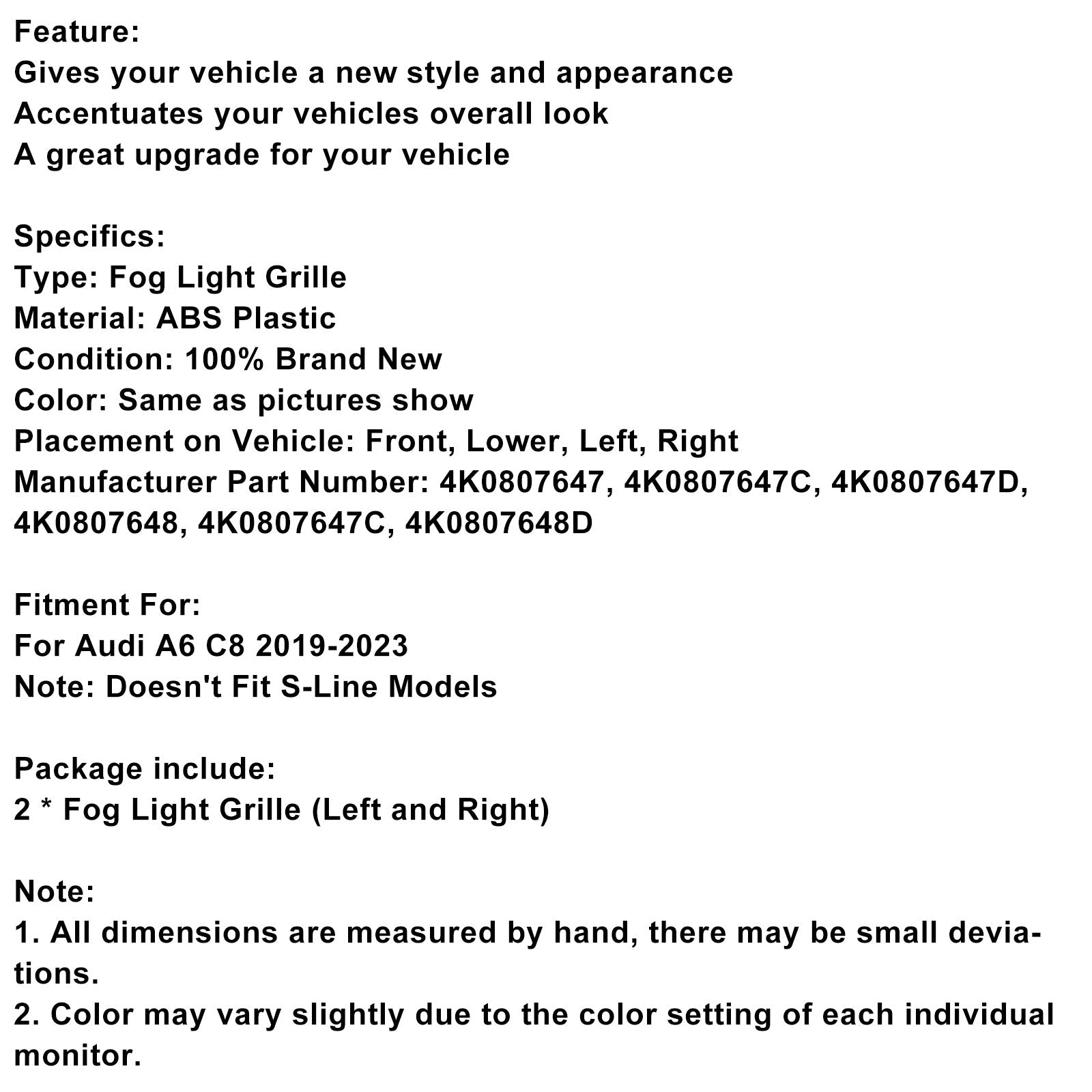 Grille de protection antibrouillard pour pare-chocs avant Audi A6 C8 2019-2023, 2 pièces, 4K0807647