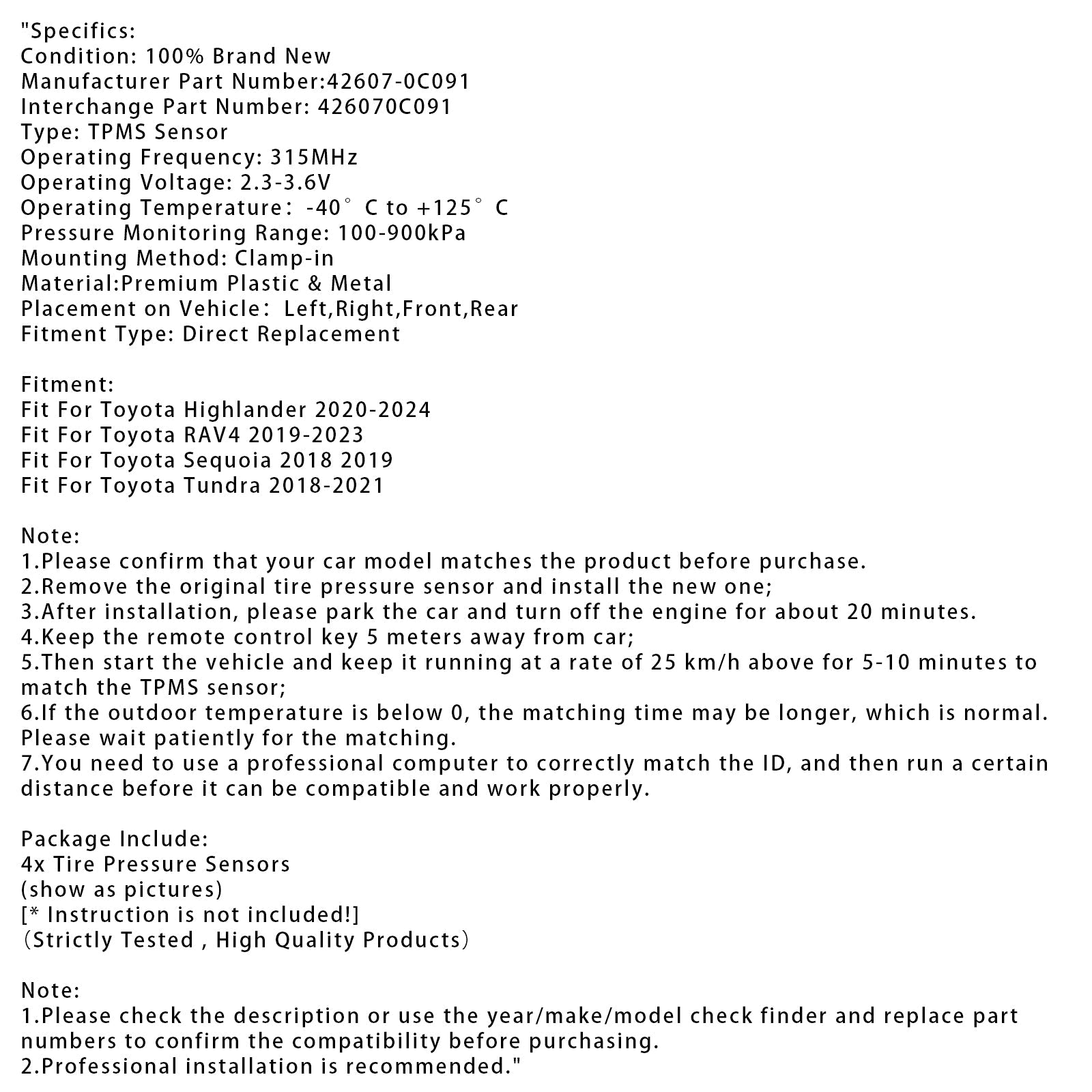 Capteur de pression des pneus TPMS 4X pour Toyota RAV4 Highlander Tundra 426070C091