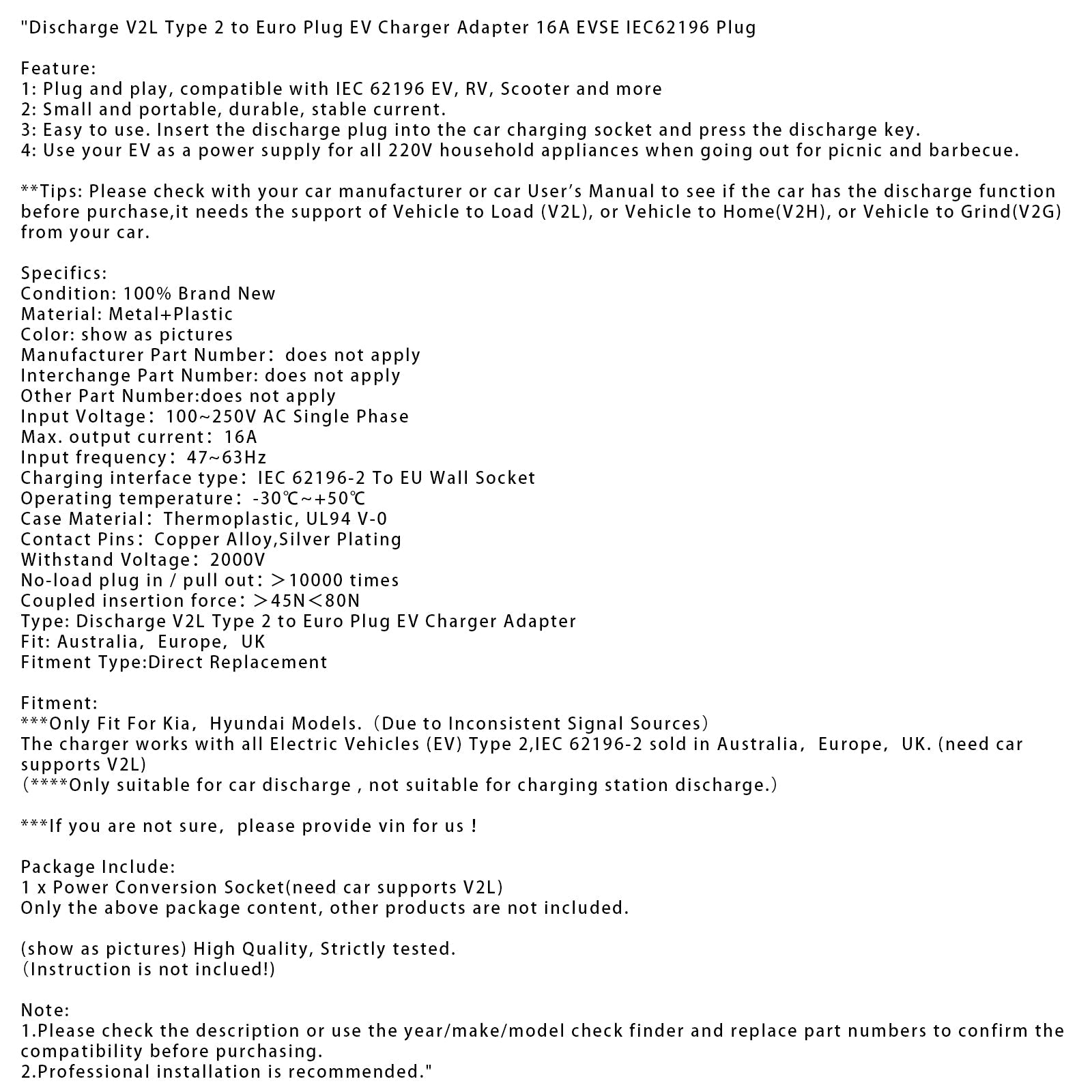 Adaptateur de chargeur EV de type V2L de décharge 2 vers prise européenne 16 A EVSE IEC62196