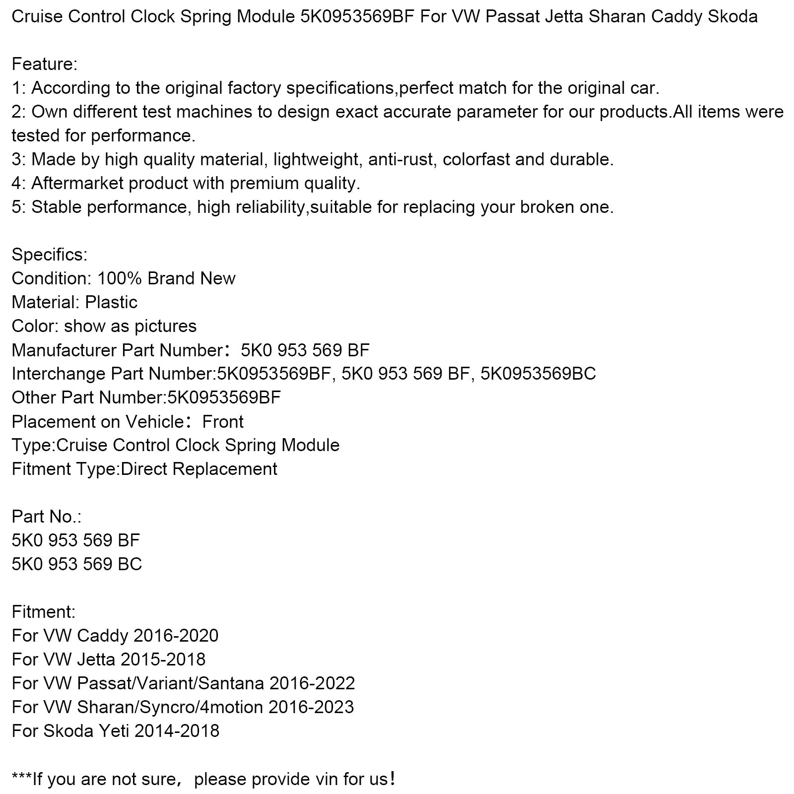 Módulo de resorte de reloj de control de crucero VW Passat/Variant/Santana 2016-2022 5K0953569BF 5K0953569BC