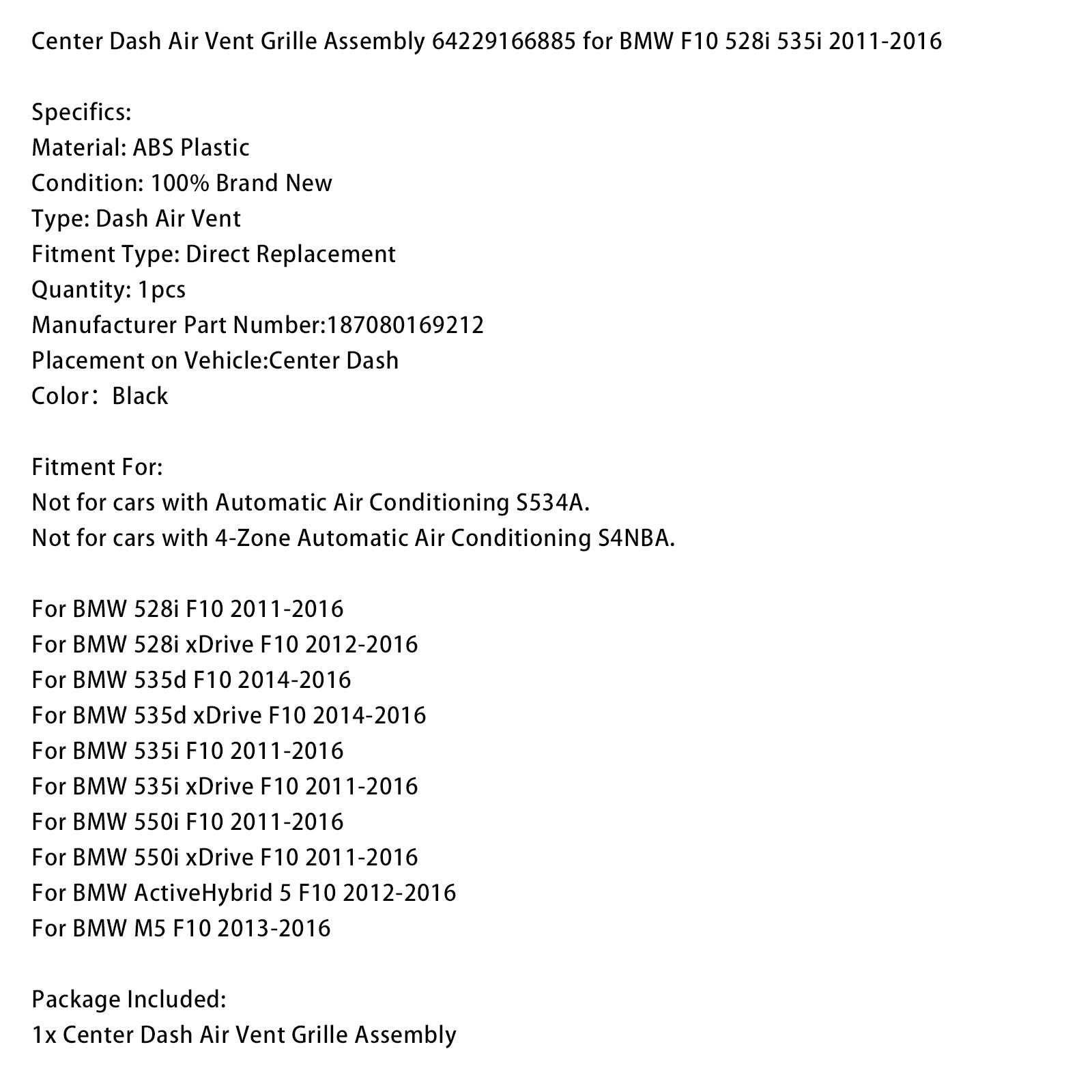 Ventilación de aire del tablero central 64229166885 para BMW F10 528i 535i 2011-2016