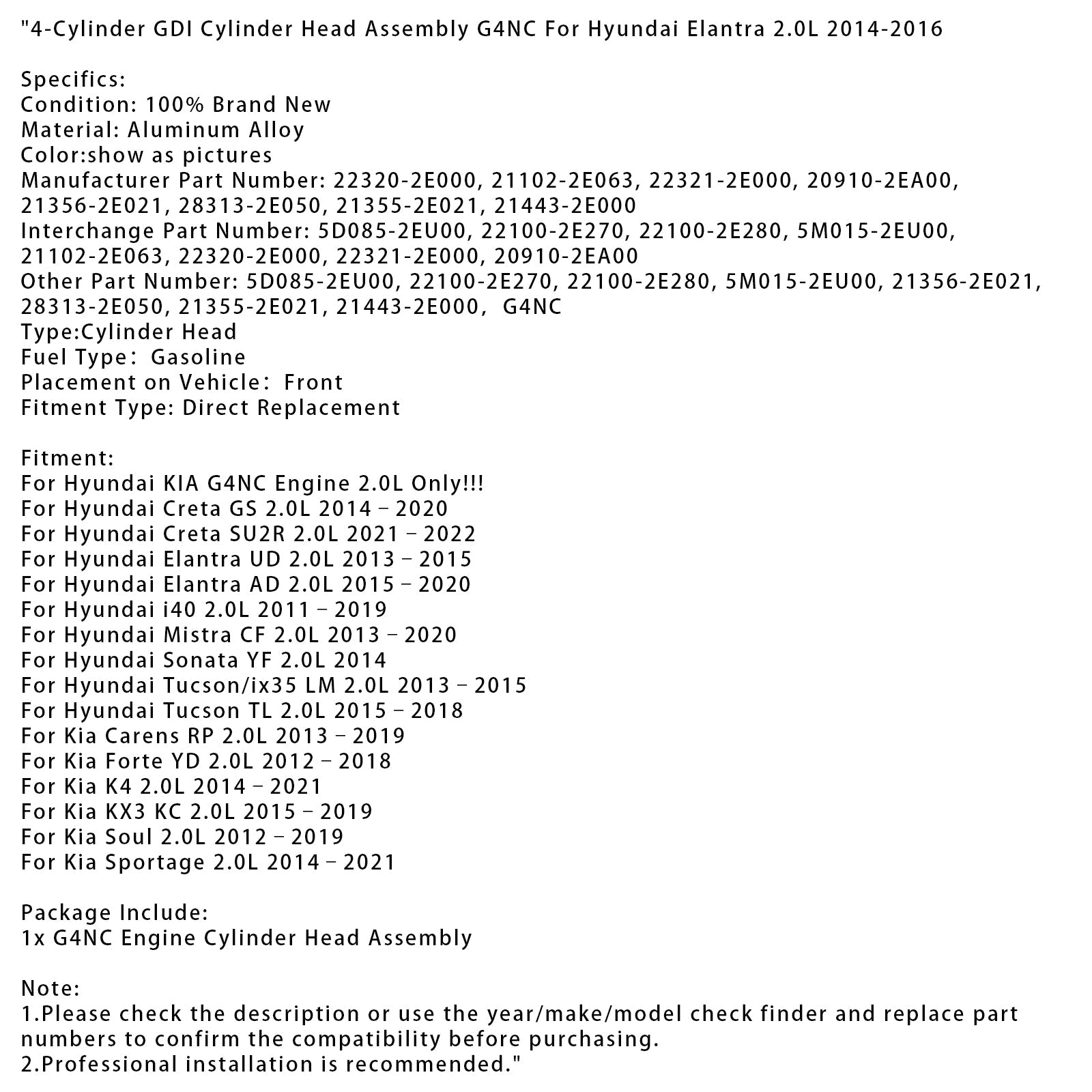 Culasses G4NC 22320-2E000 per Hyundai Creta GS 2.0 L 4 cilindri GDI 2014-2020