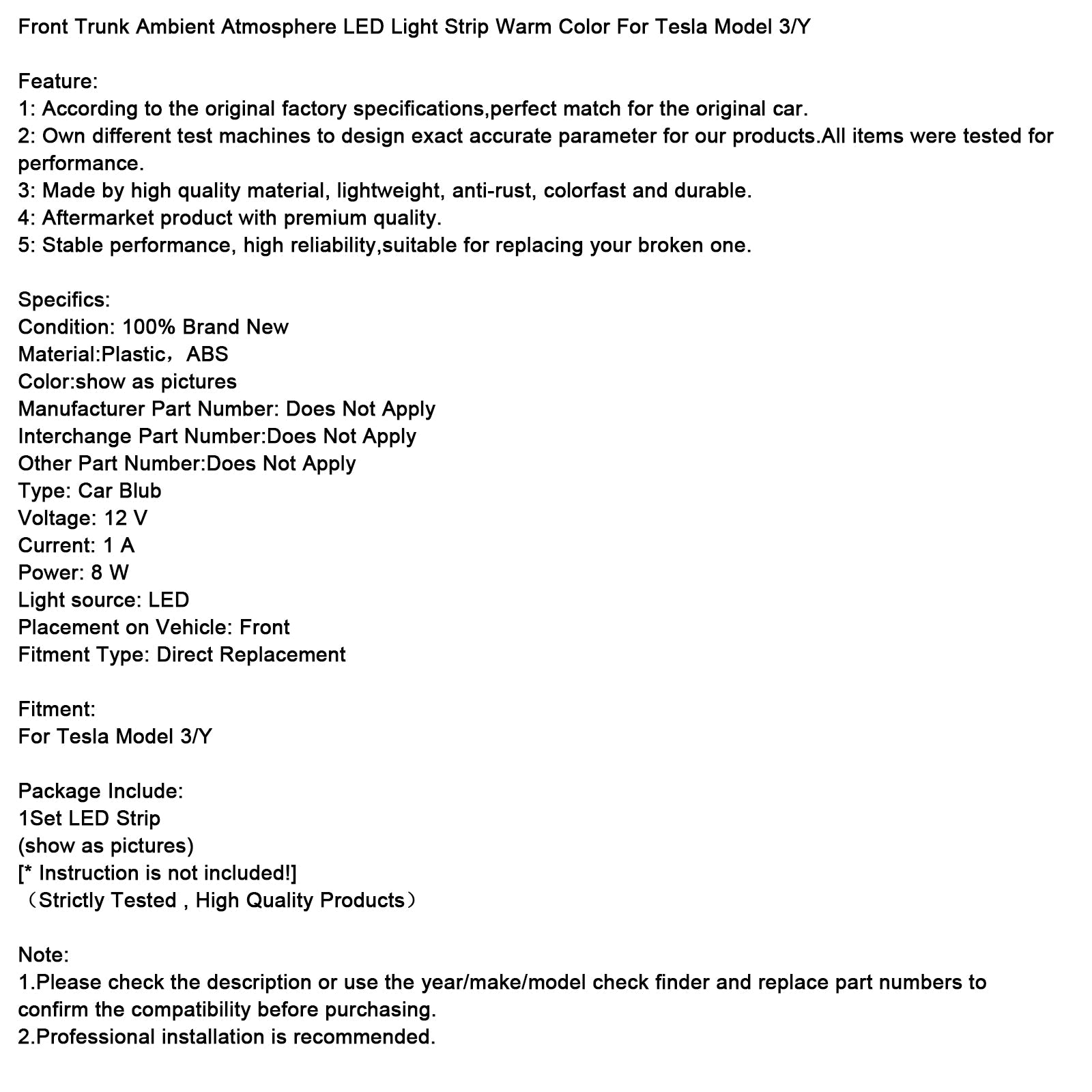 Bande lumineuse LED d'ambiance pour coffre avant, couleur chaude, pour Tesla Model 3/Y/S/X