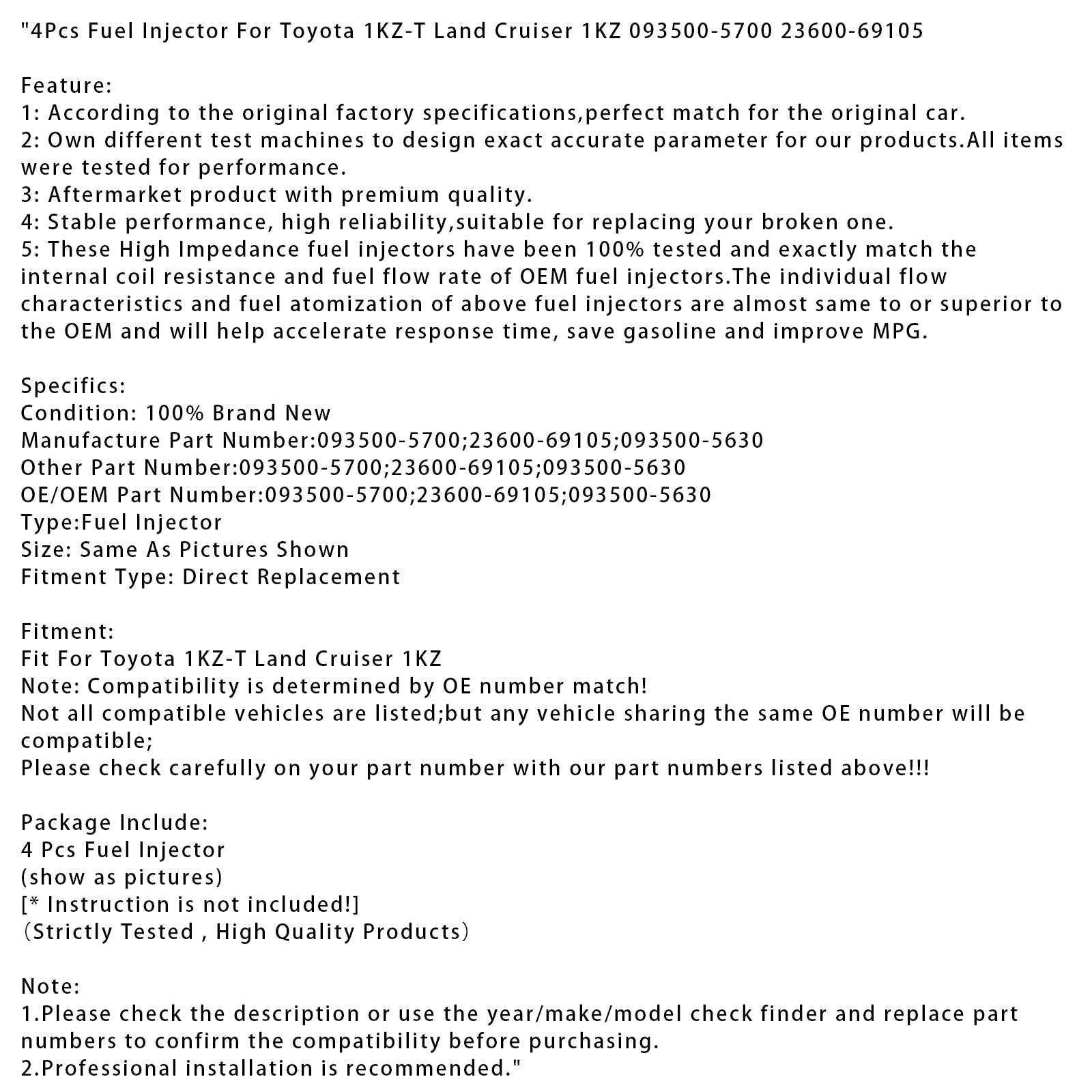 4 injecteurs de carburant pour Toyota 1KZ-T Land Cruiser 1KZ 093500-5700 23600-69105