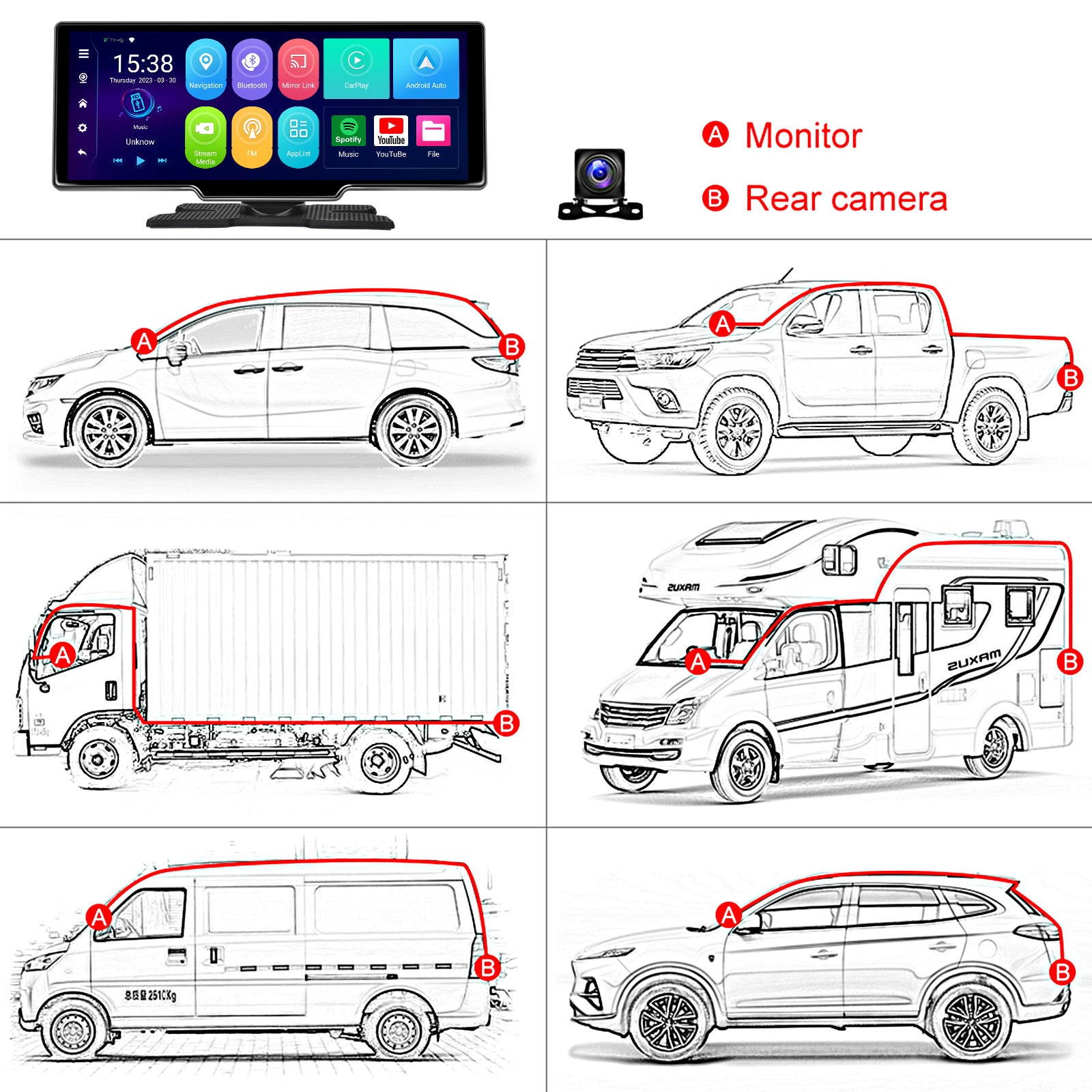 10,26"" Portable Bluetooth Navigation de voiture sans fil Carplay HD Grand écran tactile