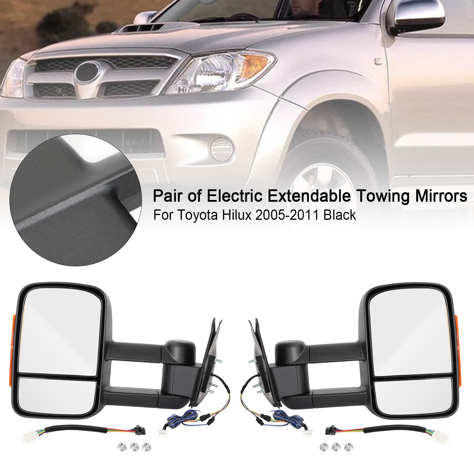 Pair of Electric Extendable Towing Mirrors Pour Toyota Hilux 2005-2011 Black